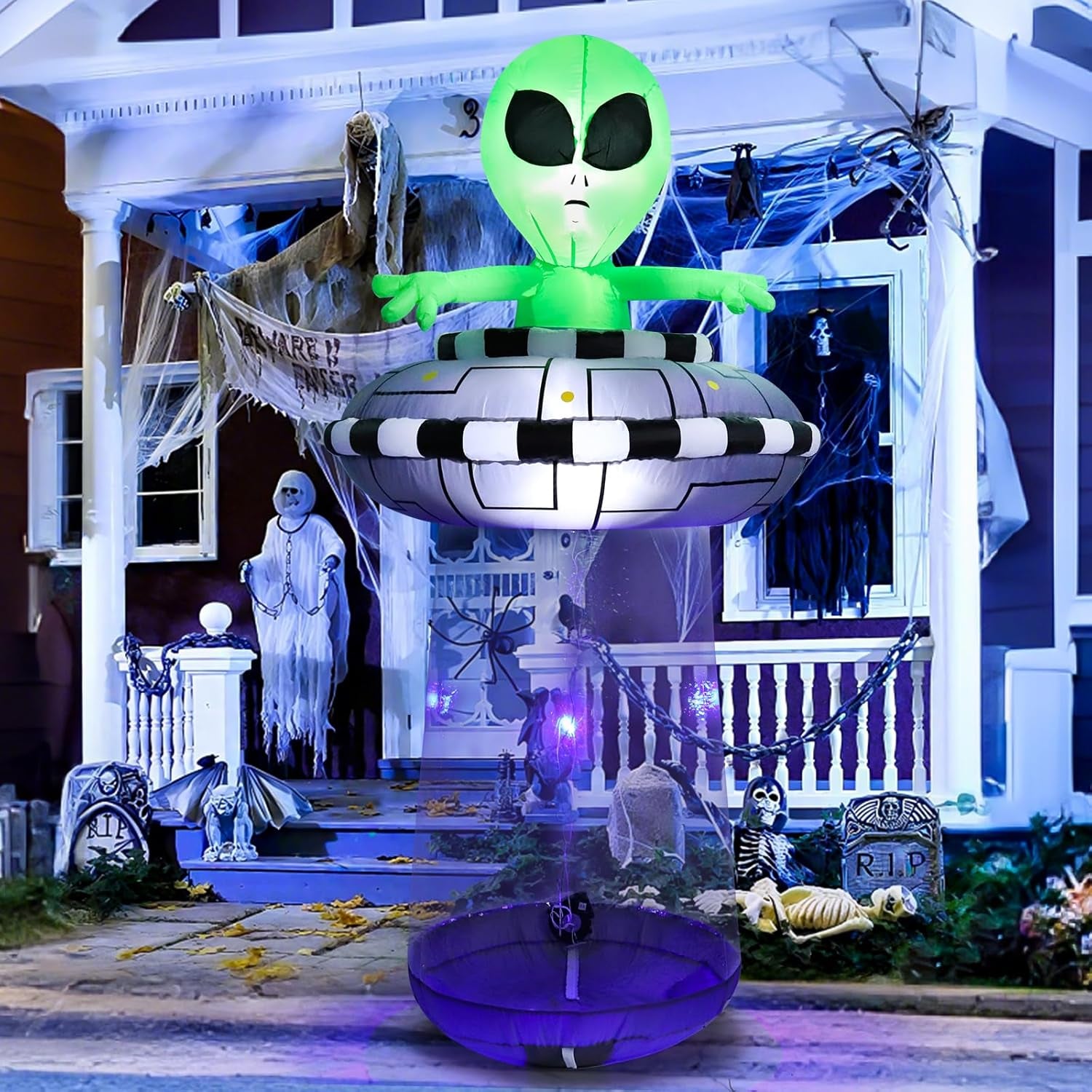 6FT Halloween Inflatable Alien with UFO Spaceship, Lighted Blow Up Outdoor Decoration with Spinning Lights, Giant Green Alien Prop for Lawn, Yard, Party, Haunted House