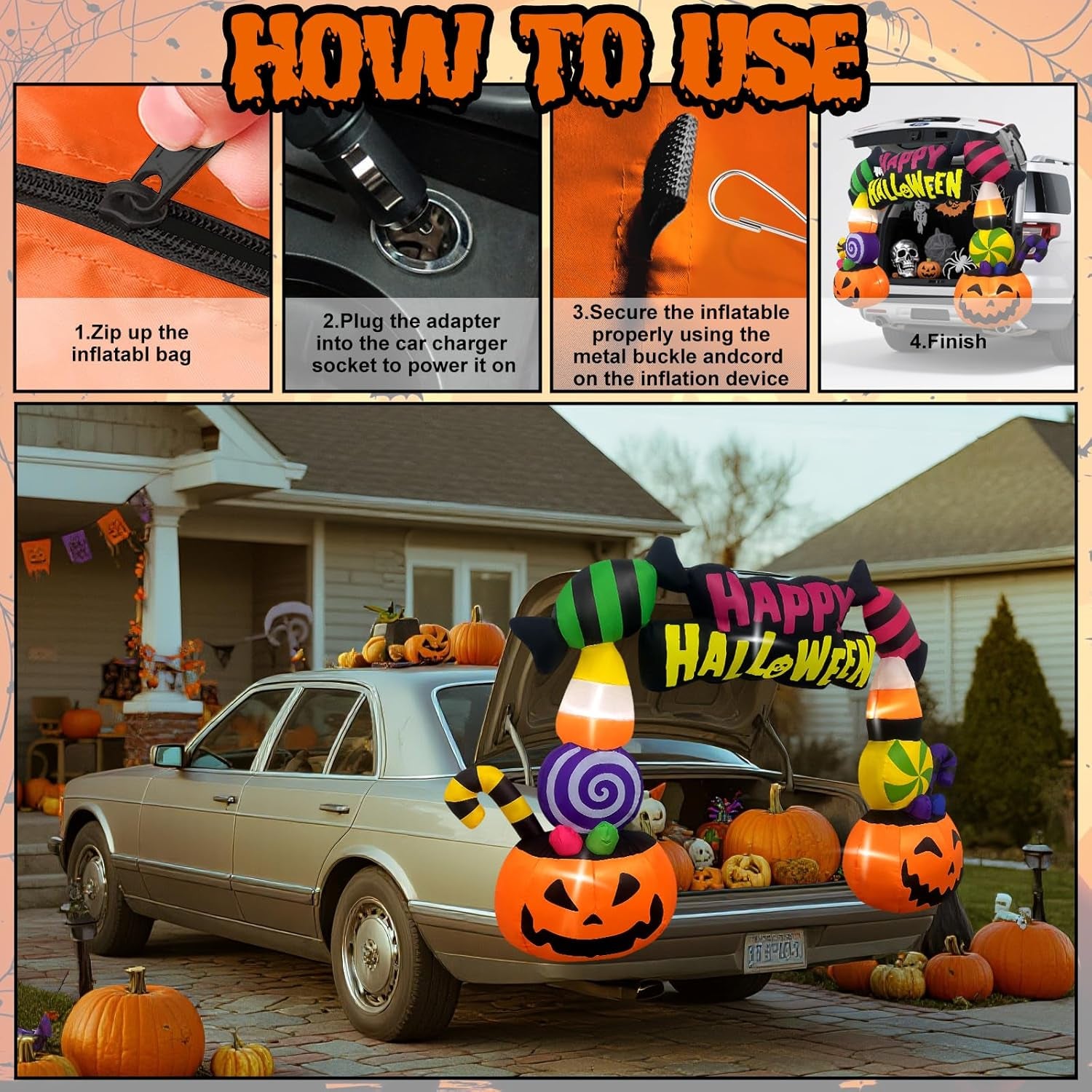 6FT Height Halloween Inflatables Trunk or Treat Car Decorations, Candy Pumpkin Arch Blow up Decorations with Built-in LED Lights Up for Halloween Party Lawn Yard SUV Car Luggage Decor