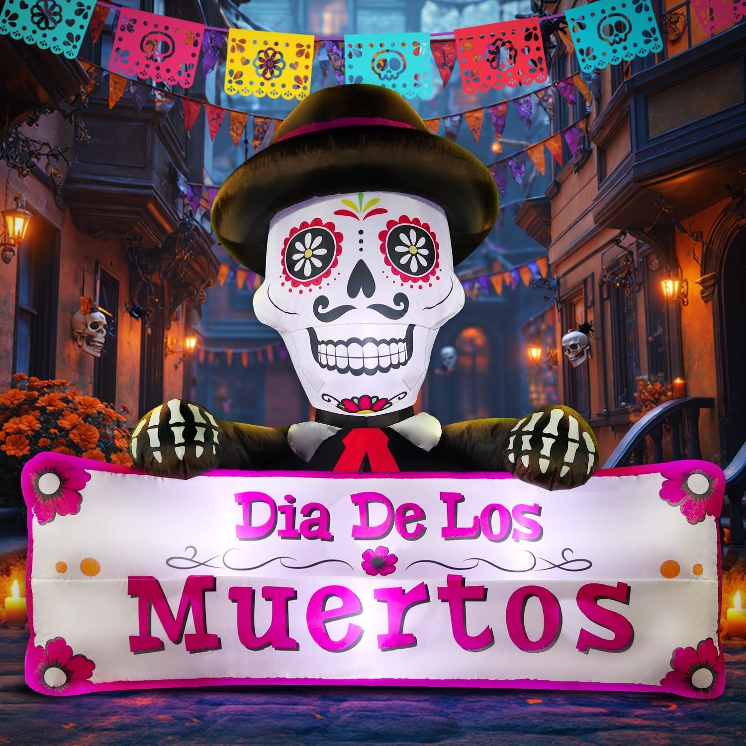 6FT Halloween Inflatable Blow Up Decorations, Dia de Los Muertos Day of Dead Banner, Build-in LED Lights Holiday Blow Up Yard Decoration for Halloween Party Outdoor Garden Yard Lawn Decor