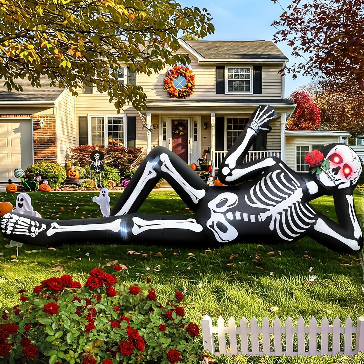 10FT Halloween Inflatables Skeleton Outdoor Decorations, Giant Lying Inflatable Skeletons with Glowing Red Eyes, Scary Halloween Blow Ups Yard Decorations for outside Lawn, Garden, Roof