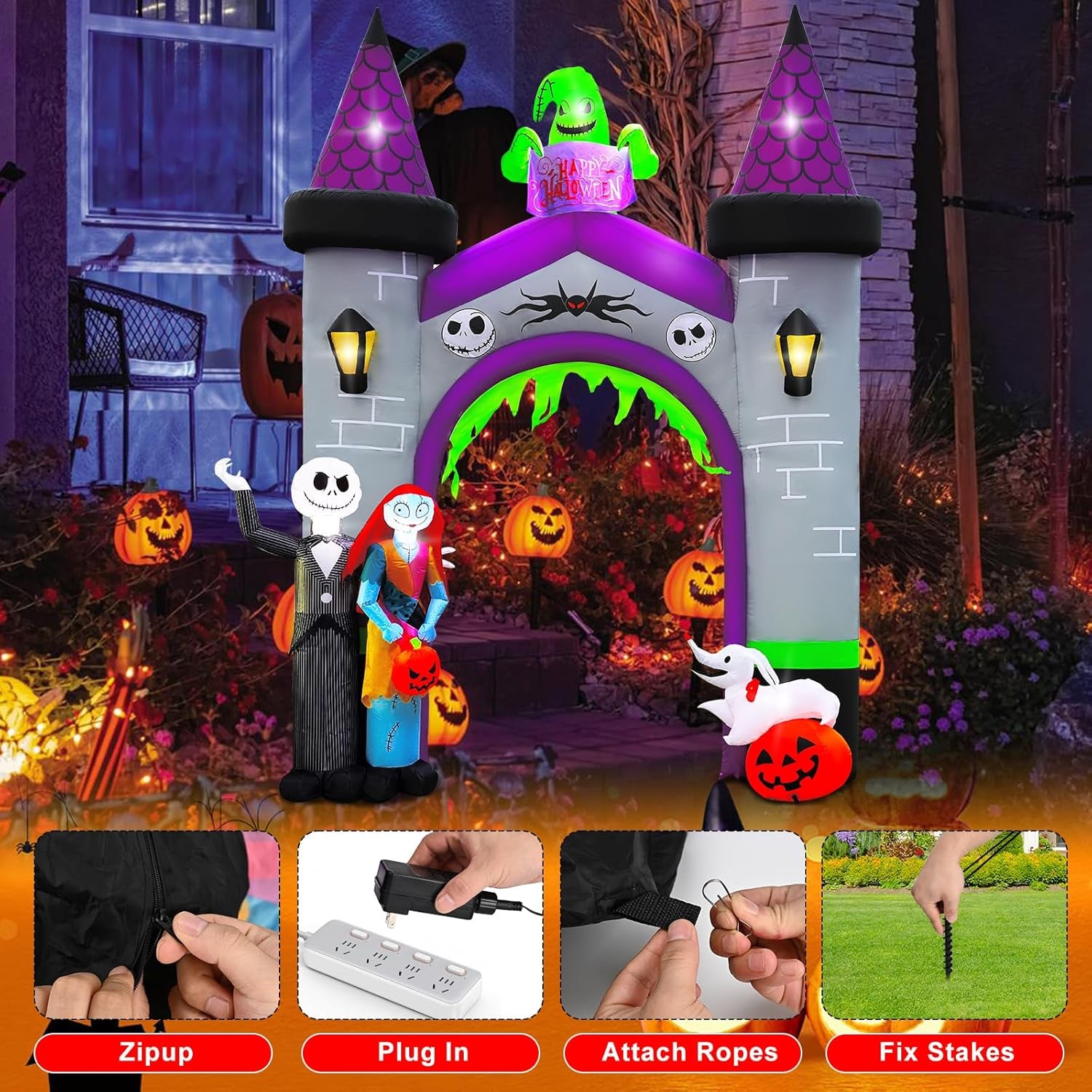 Inflatable Archway Halloween Outdoor Decoration –12FT Blow Up Arch with LED Light for Yard, Entryway, Haunted House, Pumpkin Tunnel, Witch & Skull Arch (Inflatable Archway Halloween)