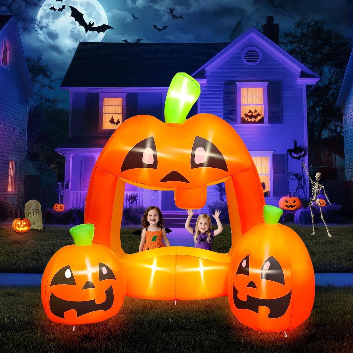 7ft Halloween Inflatables Pumpkin Photo Booth, Blow Up Quirky Pumpkin Photo Frame Inflatables Build-in LEDs Holiday Blow Up Inflate Decorations for Outdoor, Indoor, Lawn, Yard Display Decor
