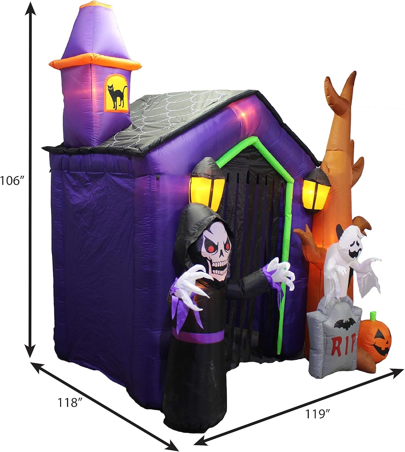8.5 Foot Halloween Inflatable Haunted House Castle with Skeleton, Ghost, Tree and Pumpkin Lights Decor Outdoor Indoor Holiday Decorations, Blow up