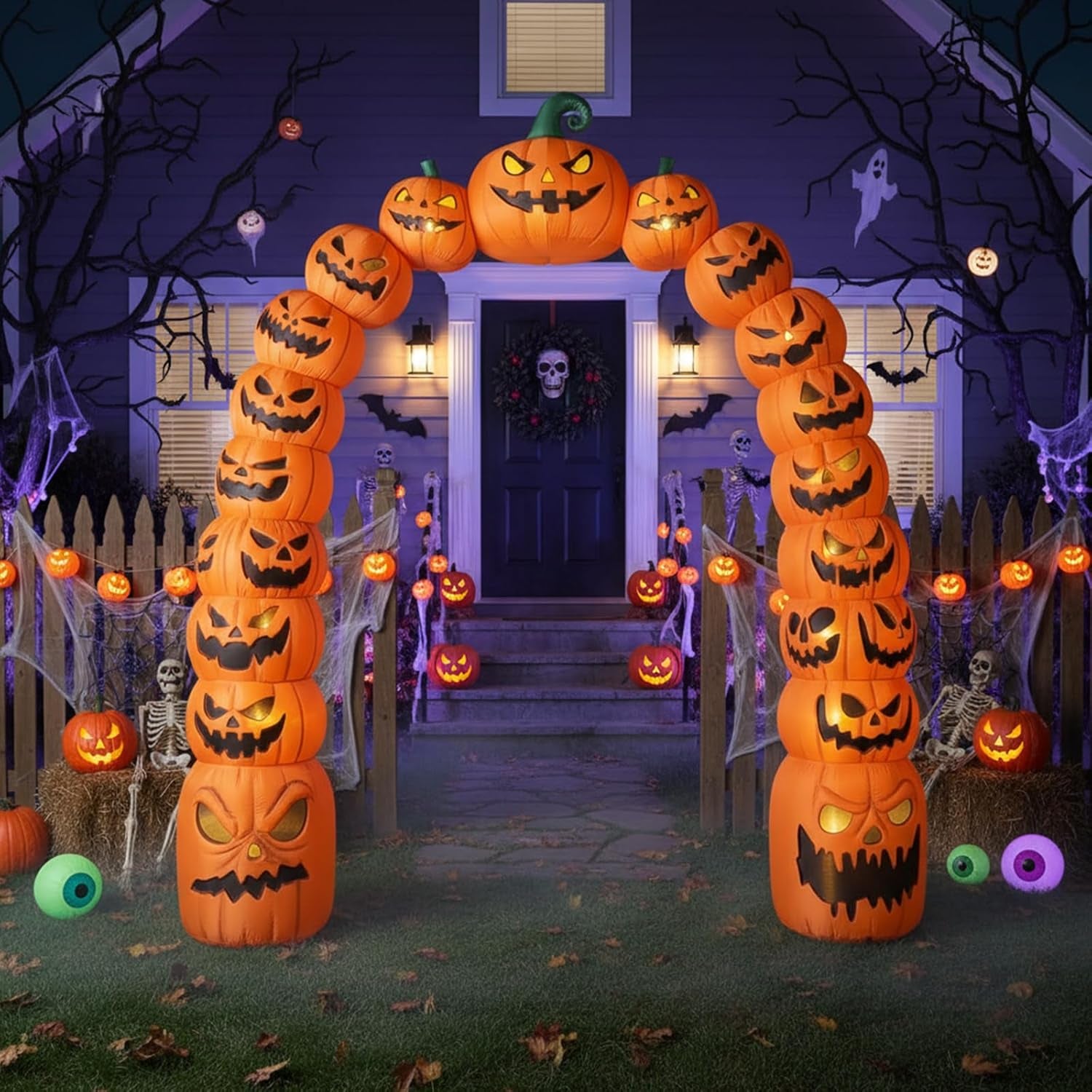 10 ft Giant Halloween Inflatable Jack O Pumpkin Archway Decoration LED Light up Giant Blow up Pumpkin Arch for Halloween Party Indoor Outdoor Garden Yard Decor