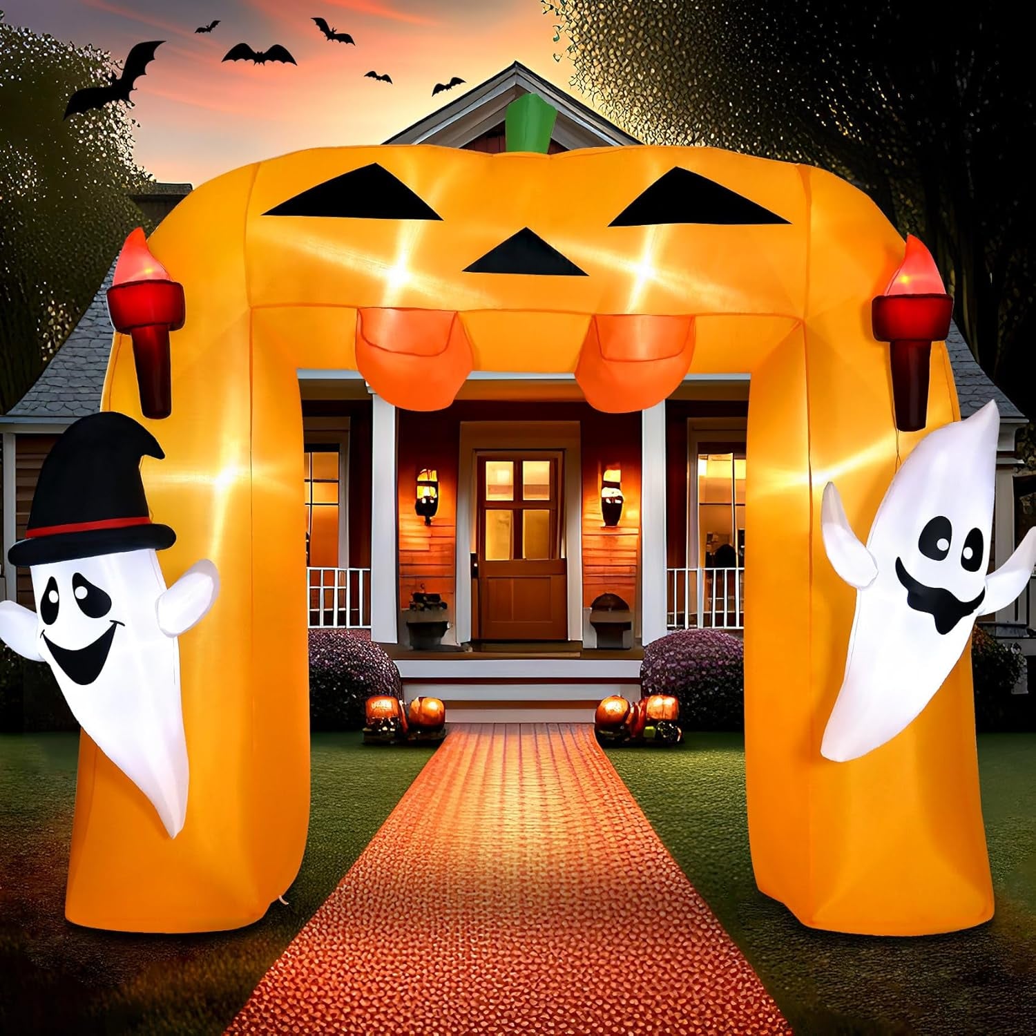 9FT Giant Halloween Inflatable Pumpkin Arch with Ghost Outdoor Decoration,Halloween Blow Up Archway with Tombstones and Around Cauldron Built-in LED Lights Yard Decorations Parties