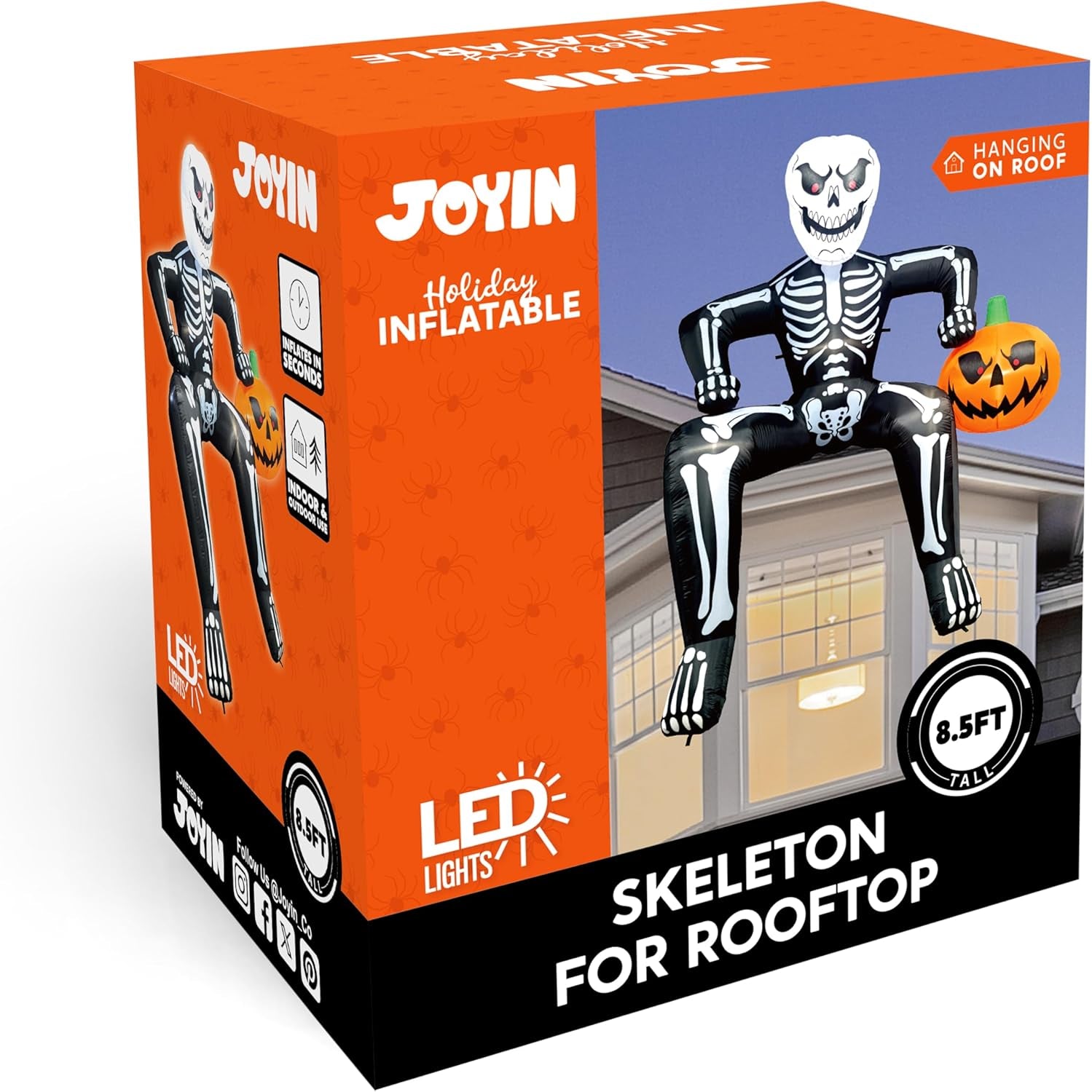 8.5ft Halloween Inflatable Skeleton, Blow Up Skeleton Holding Pumpkin for Rooftop Outdoor Decoration with LED Light, Blow Up Skeleton Sitting On The Roof for Halloween Rooftop Yard Party Decor