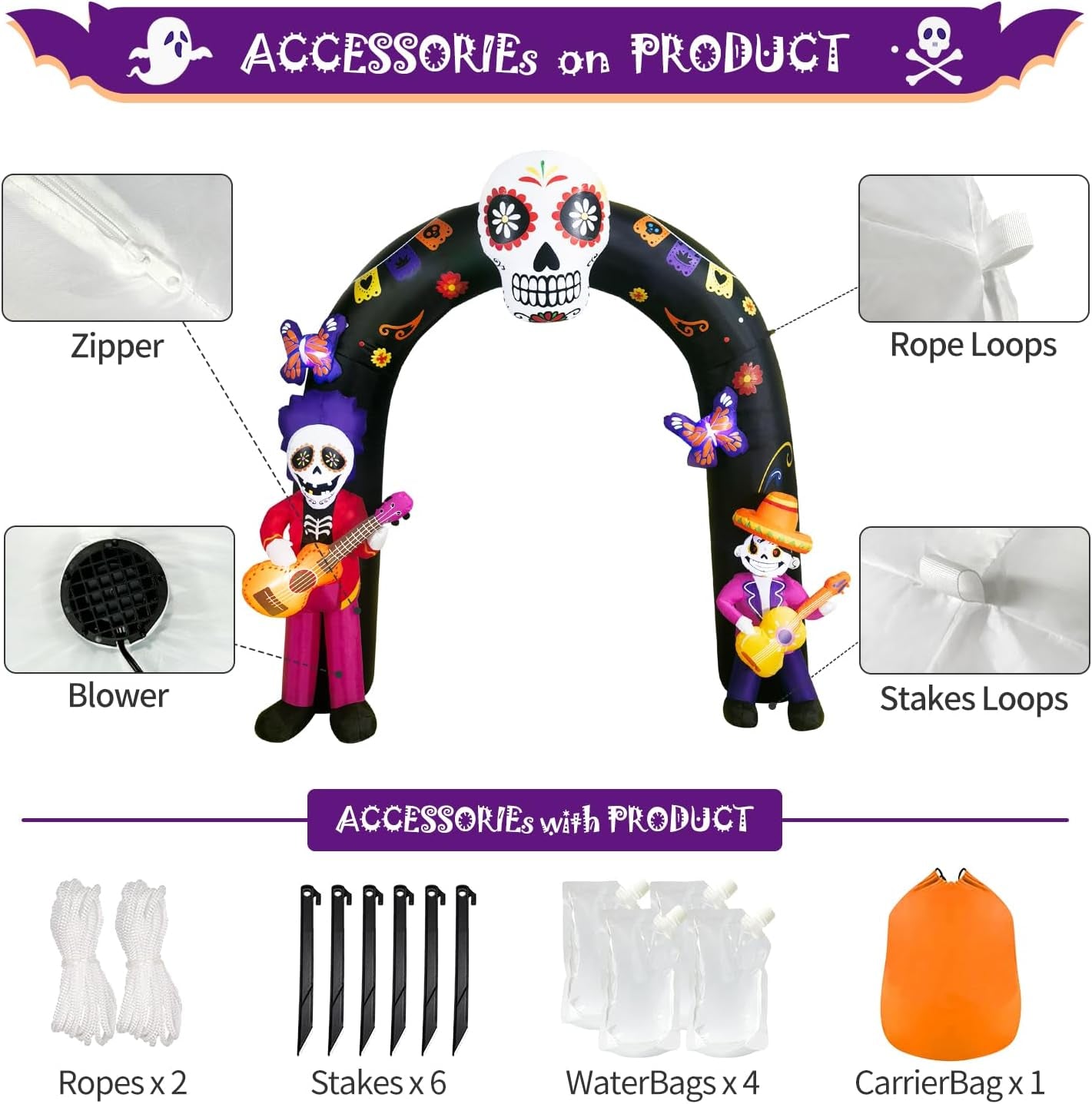 Halloween Inflatable Blow Up Decorations Archway, Dia de Los Muertos 8FT Day of Dead Arch with Skull Skeleton, Built-in LEDs for Holiday Party, Garden, Lawn, Yard, Patio Décor