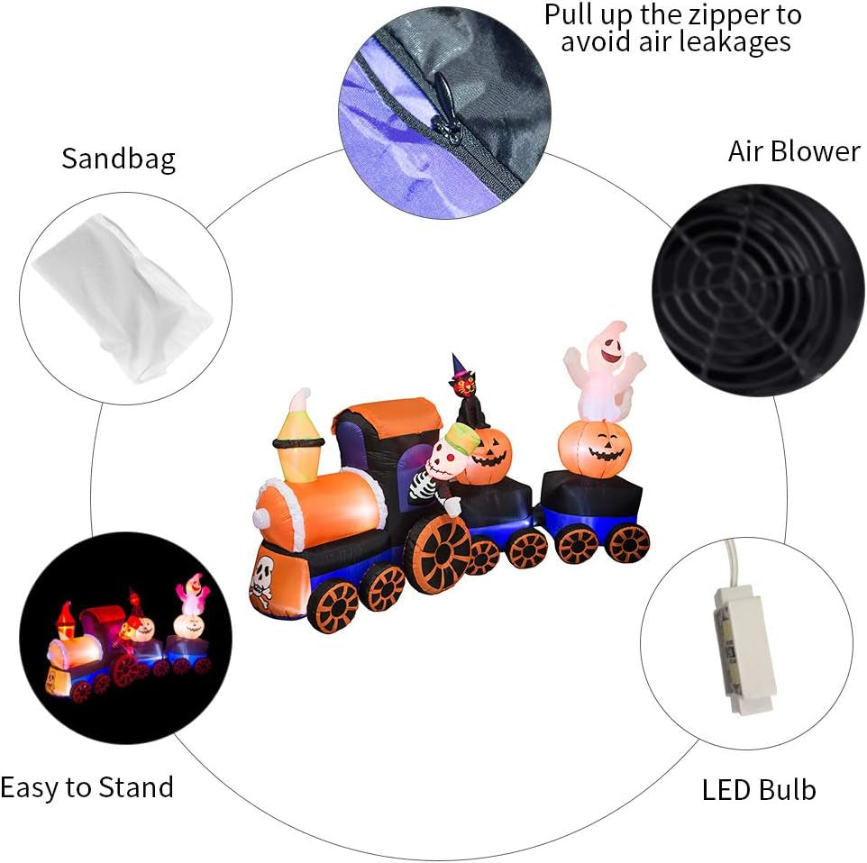 9 Feet Halloween Inflatable Train with Kittens White Ghosts/Pumpkin with LED Lights Blow up Lighted Yard Decor Giant Lawn Halloween Inflatable Home Garden Party Favor Decoration