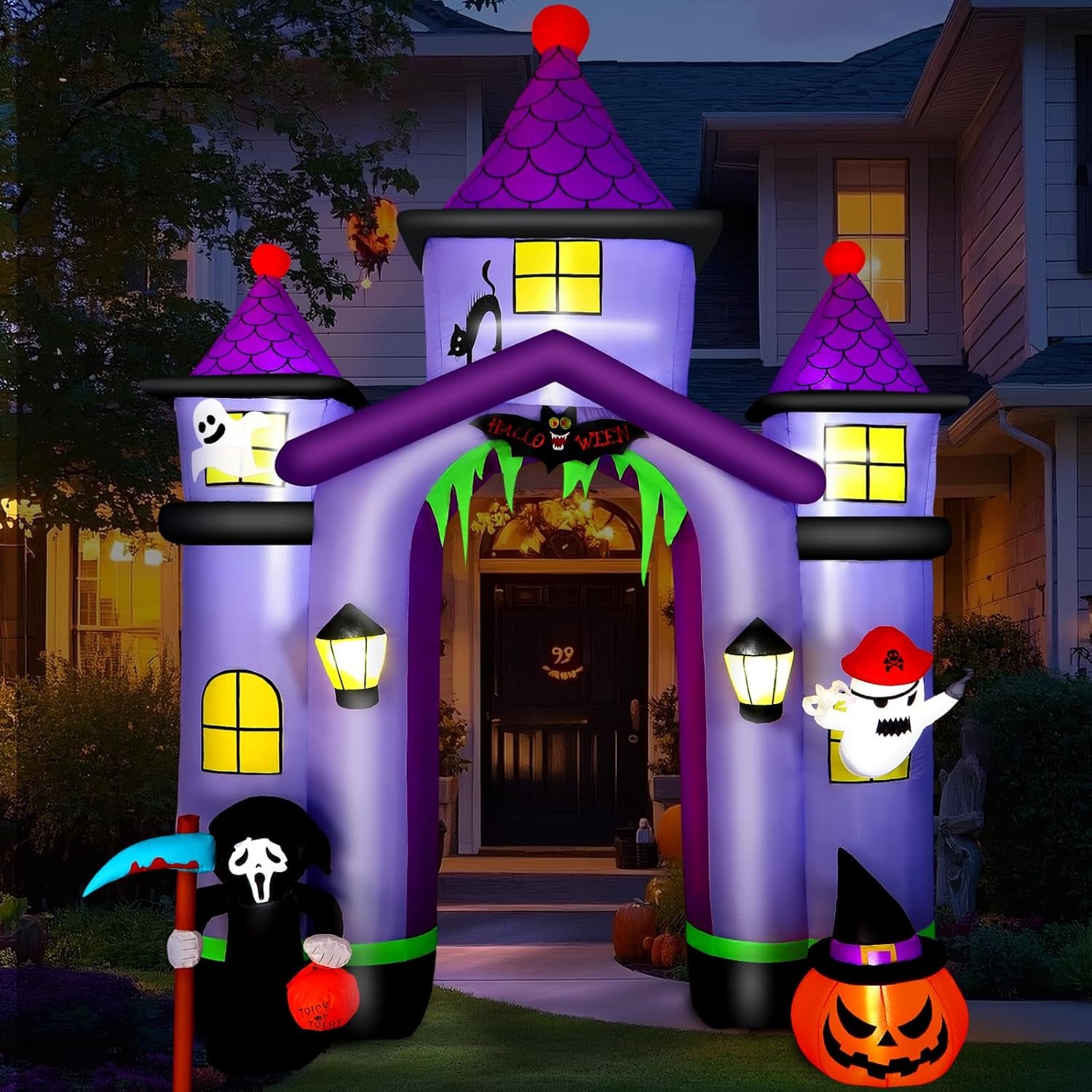 11.6FT Halloween Inflatable Arch Outdoor Decoration with Built-in LEDs Lights, Large Blow Up Purple Castle Archway with Ghost & Pumpkin for Outside/Indoor Xmas,Yard,Garden,Lawn,Holiday Decor