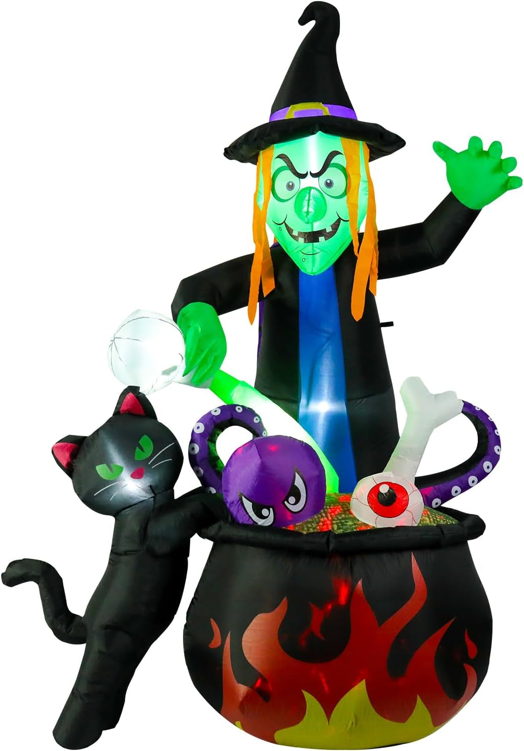 8FT Halloween Inflatable Witch Stirring Cauldron, Lighted Blow Up Yard Decoration with Cat, Tentacles & Eyeball, Giant Outdoor Prop for Lawn, Party, Haunted House