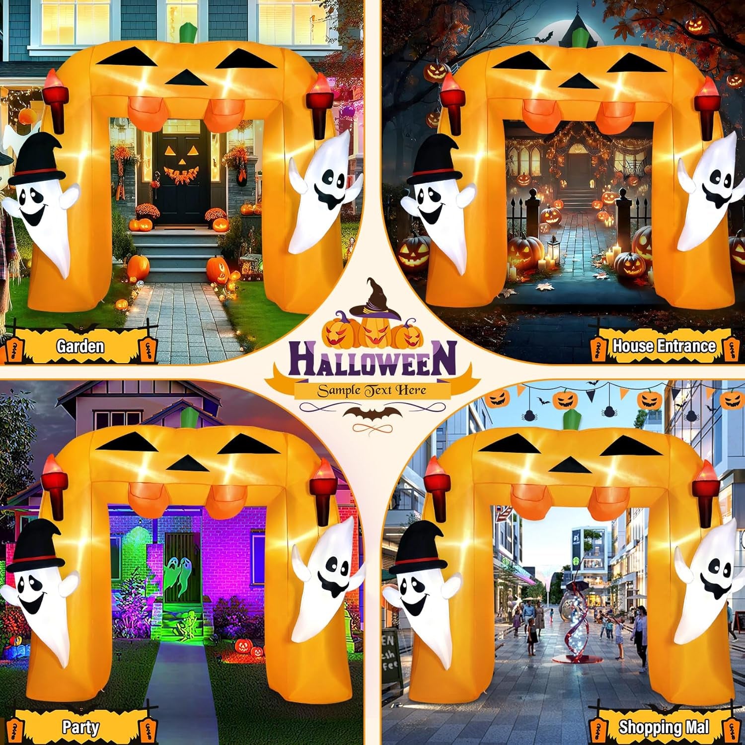 9FT Giant Halloween Inflatable Pumpkin Arch with Ghost Outdoor Decoration,Halloween Blow Up Archway with Tombstones and Around Cauldron Built-in LED Lights Yard Decorations Parties