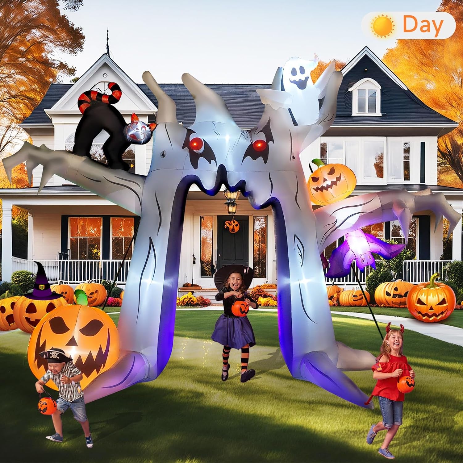 10FT Halloween Inflatable Archway, Giant Blow up Arch Yard Decorations withTree, Pumpkin, Bat, Ghost &Cat, Outdoor Halloween Decorations Build-in LEDs Lights for Yard, Party, Garden, Lawn