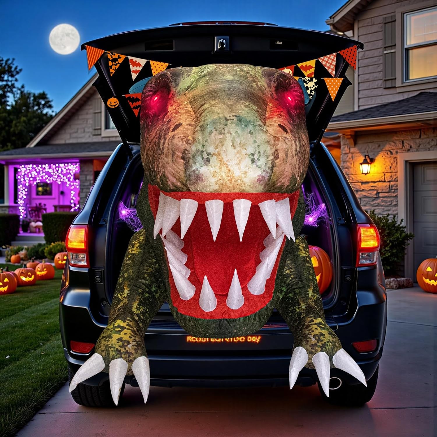 Halloween Inflatable Outdoor Decorations, 3.8FT Trunk or Treat Car Decorations, Blow Up Animated Dinosaur with Flashing Red LED Eyes for Halloween Yard Decoration