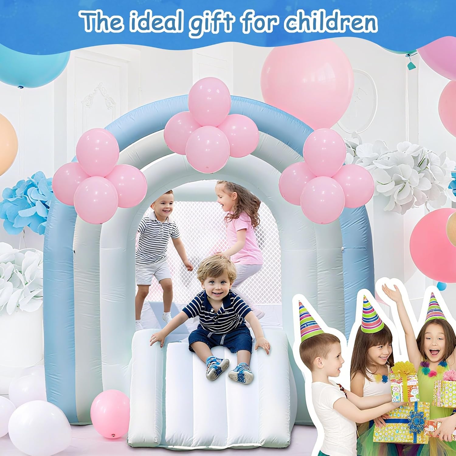 Bounce House, Inflatable Bounce House for Kids 3-8, White Blue Dream Bounce Castle with Blower, Large Jumping Area, Slide, DIY Rainbow Shaped Arched Doors, Perfect Bouncer for Kids Party