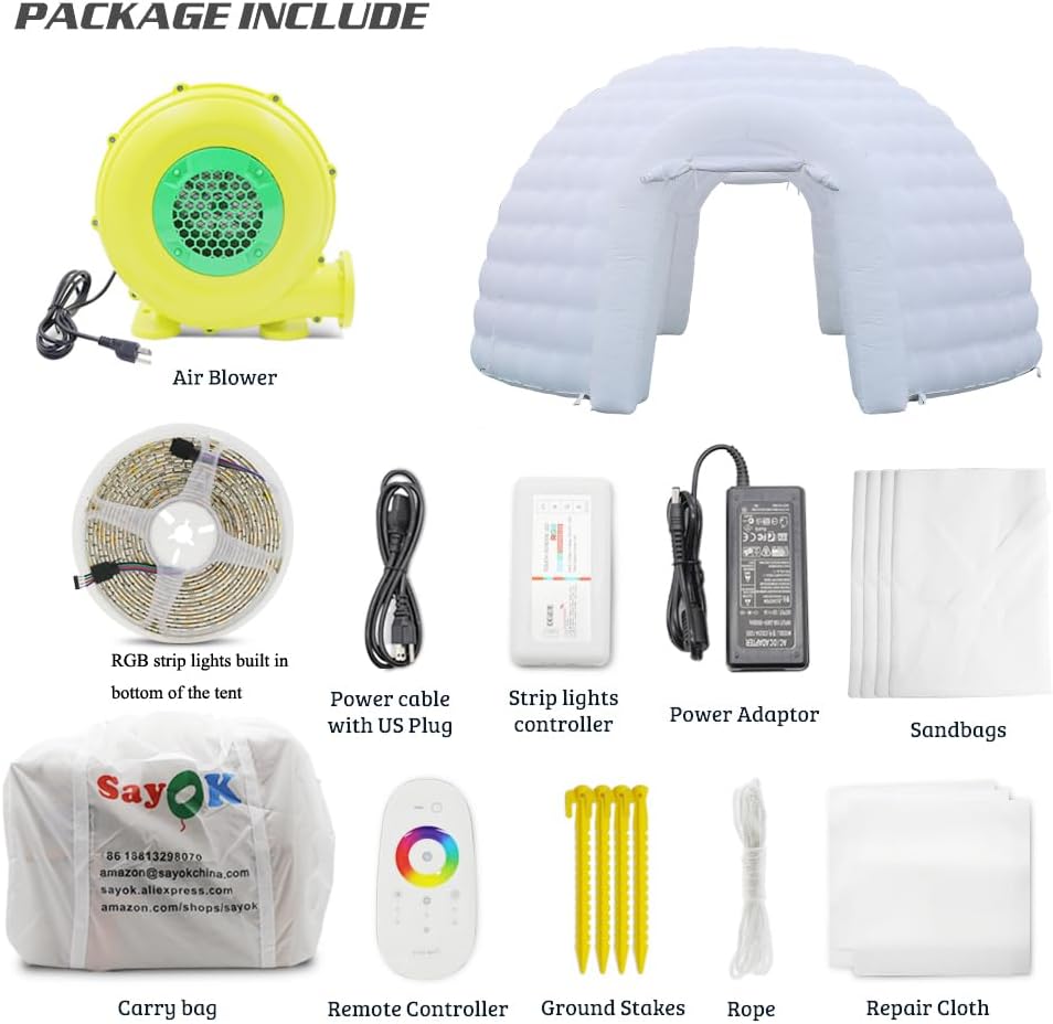 Tente dôme igloo gonflable portable d'extérieur avec éclairage LED pour fête, mariage, événement, camping