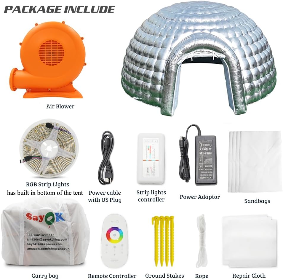 Tente dôme igloo gonflable portable d'extérieur avec éclairage LED pour fête, mariage, événement, camping