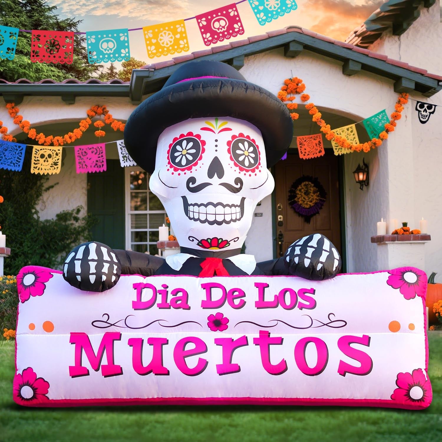 6FT Halloween Inflatable Blow Up Decorations, Dia de Los Muertos Day of Dead Banner, Build-in LED Lights Holiday Blow Up Yard Decoration for Halloween Party Outdoor Garden Yard Lawn Decor