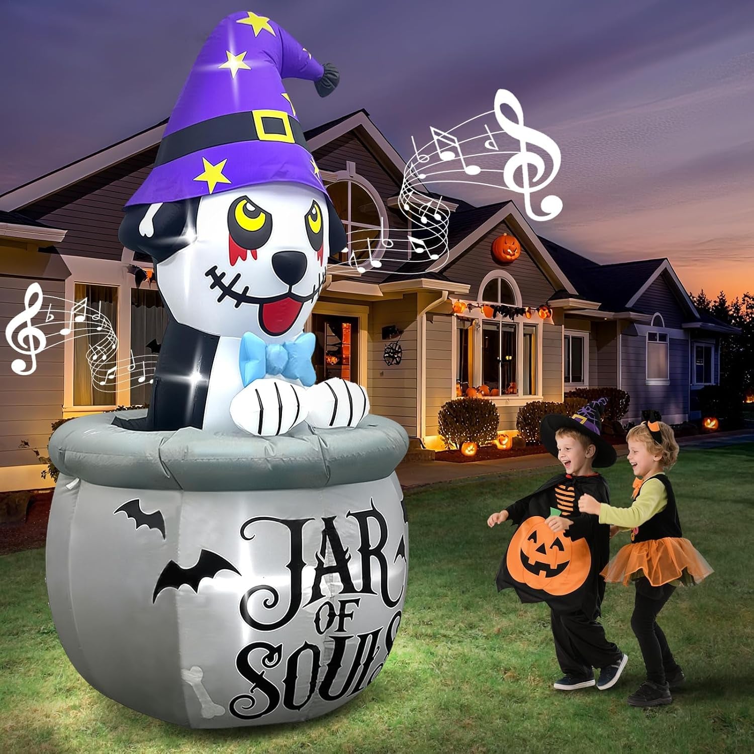 7FT Halloween Inflatables Animated Puppy Dog with Music, Witch Cauldron Halloween Blow Up Yard Decoration with Built-in LEDs for Indoor Outdoor Holiday Party Garden Lawn Decor