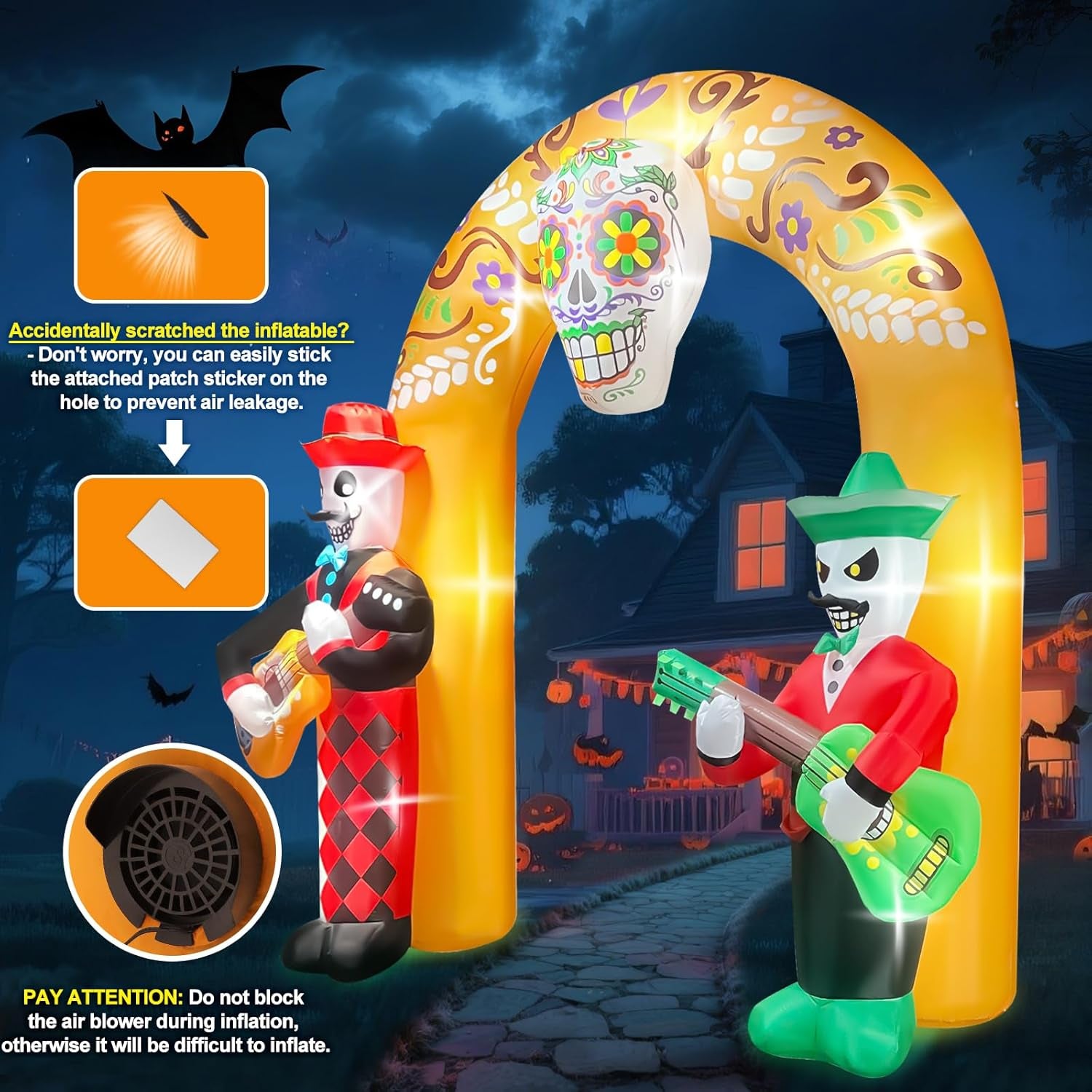 12FT Halloween Inflatables Archway, Day of The Dead Arch Inflatable with Build-in LED Lights Dia De Los Muertos Blow Up Yard Decoration Sugar Skull Halloween Outdoor Decors for Garden Lawn