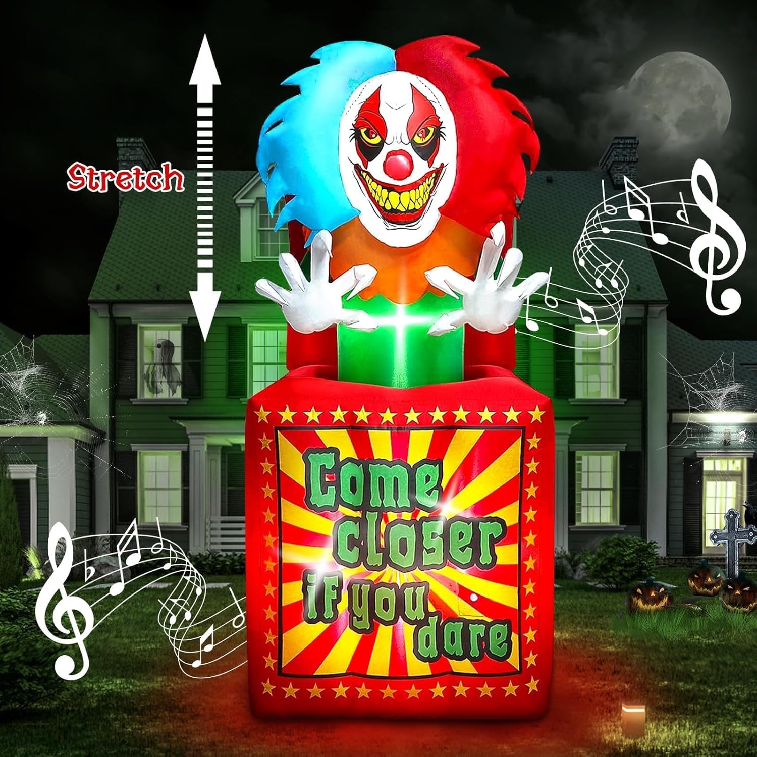6.6 FT Halloween Inflatables Animated Clown with Music, Circus Clown Box Outdoor Decorations Blow Up Yard with Built-in LEDs for Indoor Outdoor Party Garden Lawn Decor