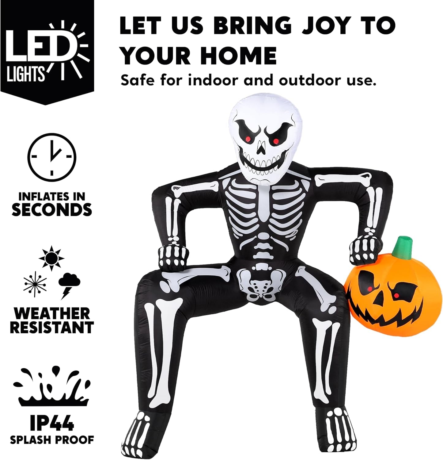 8.5ft Halloween Inflatable Skeleton, Blow Up Skeleton Holding Pumpkin for Rooftop Outdoor Decoration with LED Light, Blow Up Skeleton Sitting On The Roof for Halloween Rooftop Yard Party Decor