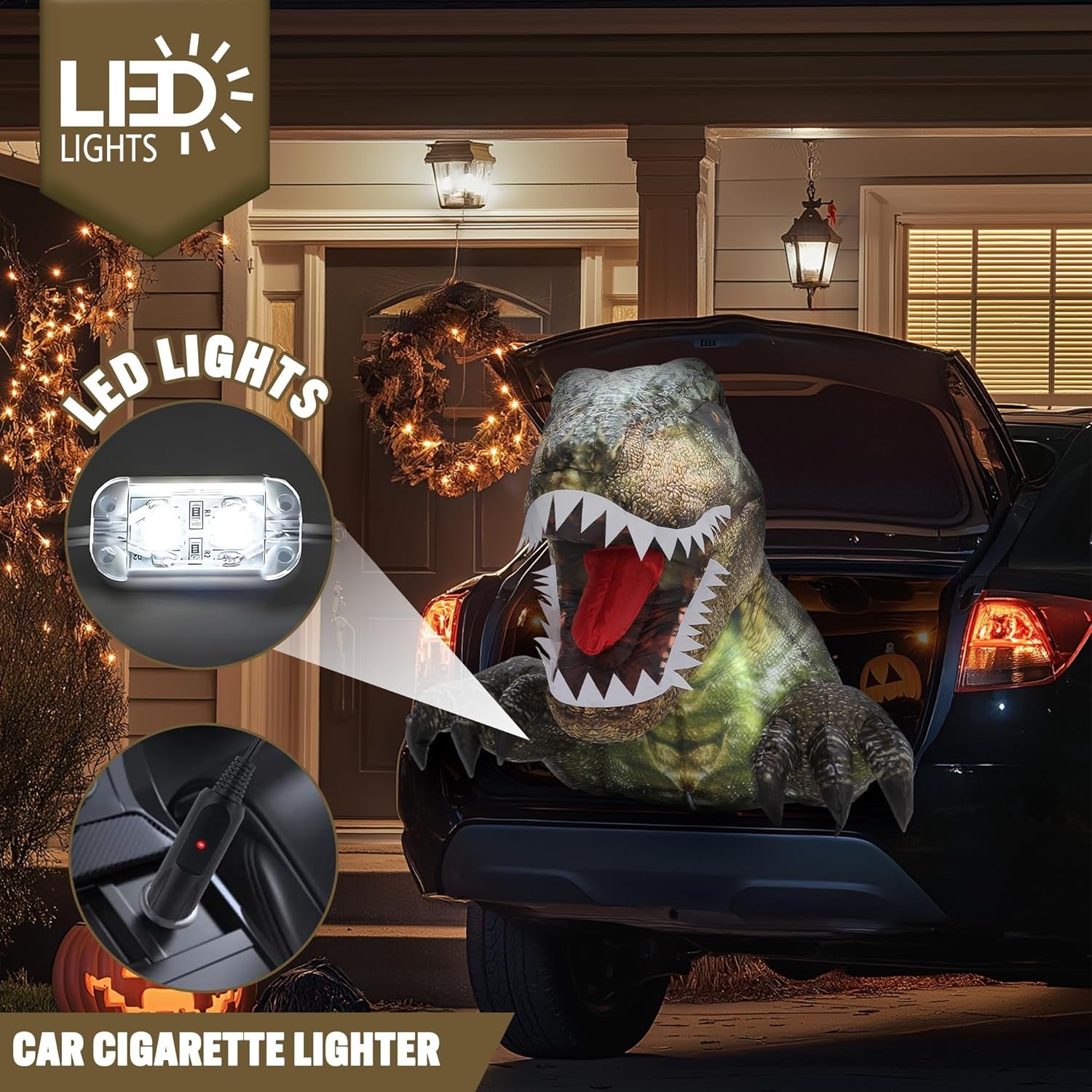 3.6 FT Halloween Inflatable Outdoor Decorations, Trunk or Treat Car Decorations, Halloween Blow Ups Animated Dinosaur with LEDs for Halloween Decor