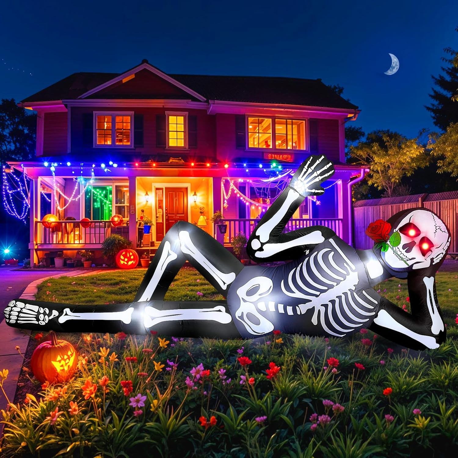 10FT Halloween Inflatables Skeleton Outdoor Decorations, Giant Lying Inflatable Skeletons with Glowing Red Eyes, Scary Halloween Blow Ups Yard Decorations for outside Lawn, Garden, Roof