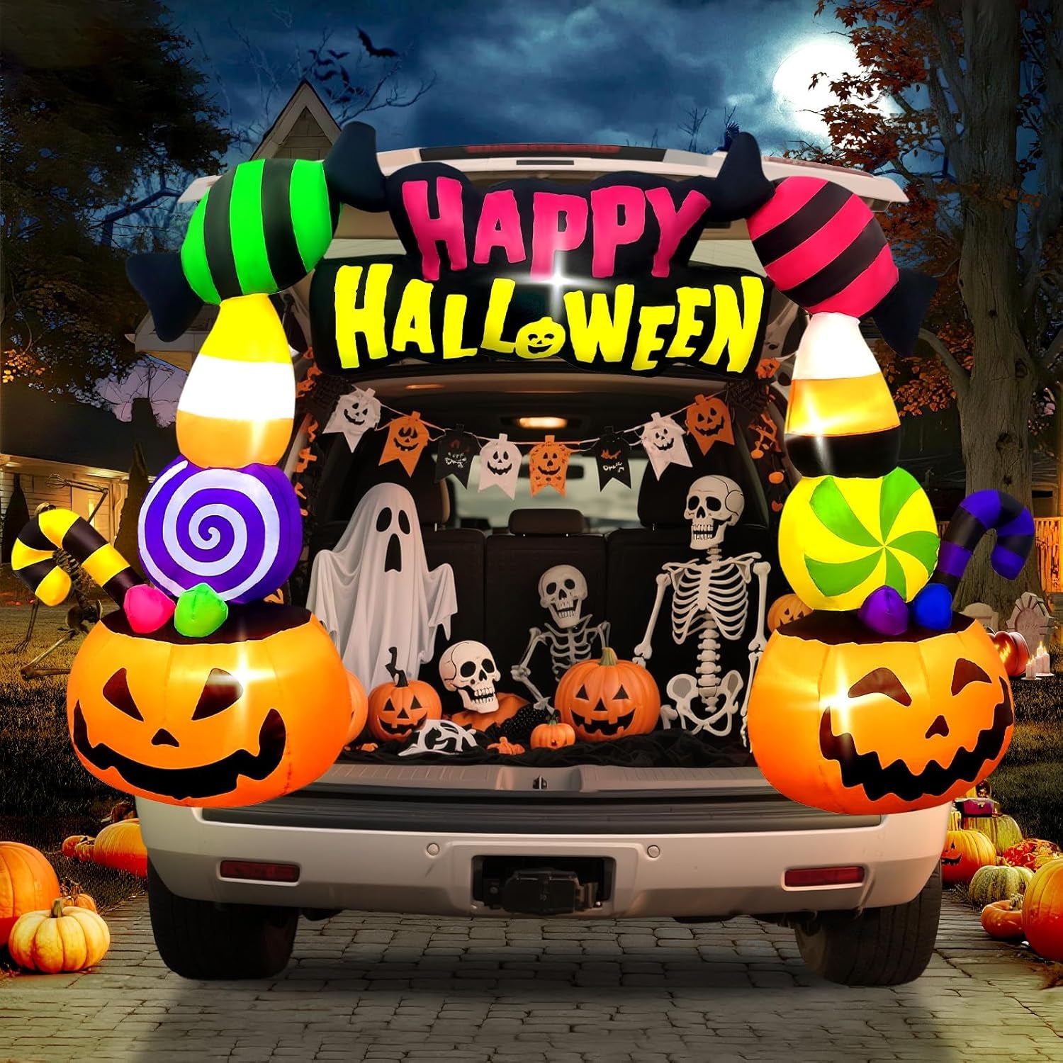 6FT Height Halloween Inflatables Trunk or Treat Car Decorations, Candy Pumpkin Arch Blow up Decorations with Built-in LED Lights Up for Halloween Party Lawn Yard SUV Car Luggage Decor