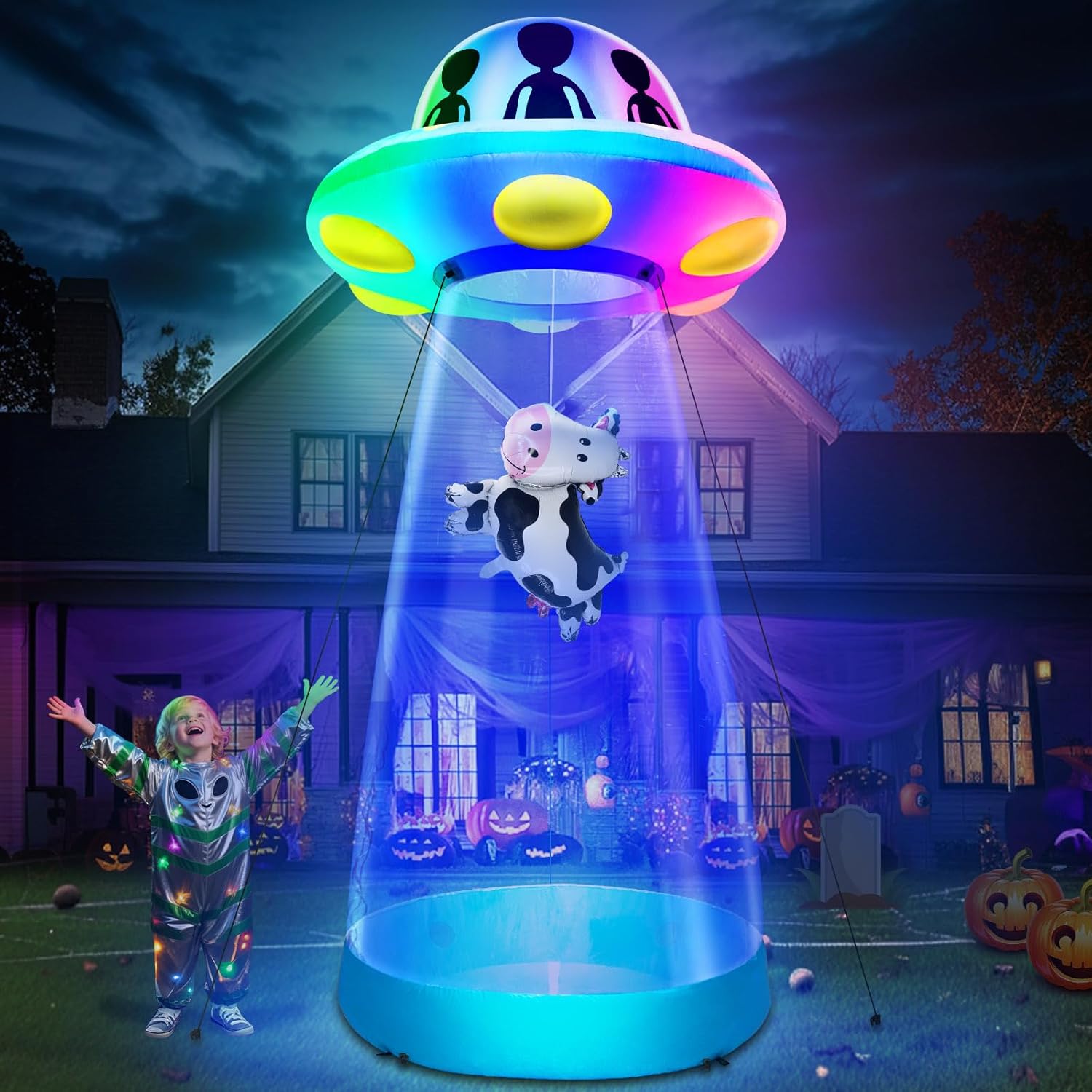 Halloween Inflatable UFO Cow Abduction with LEDs