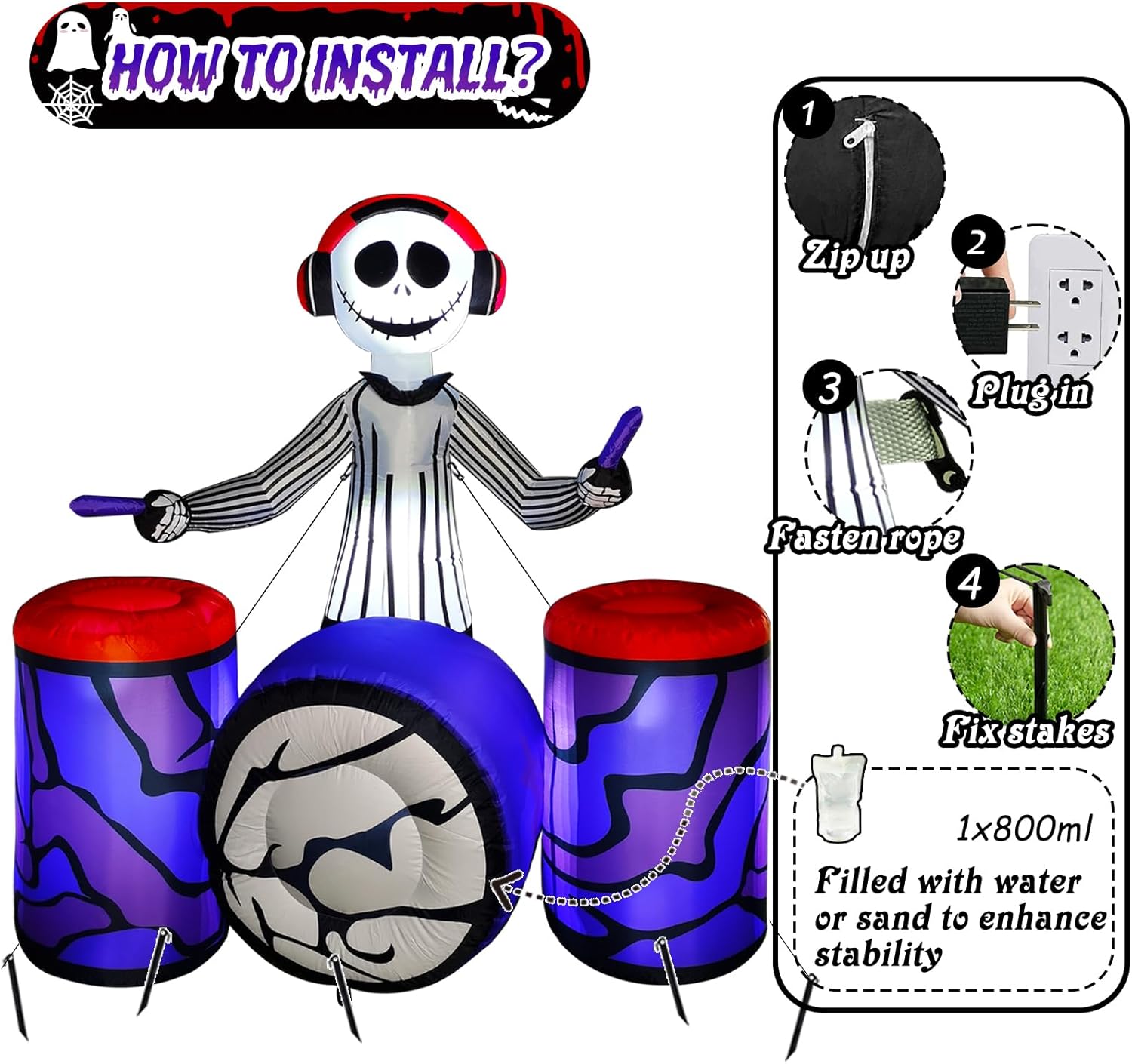 Arche gonflable d'Halloween de 10 pieds avec fantôme et LED intégrées