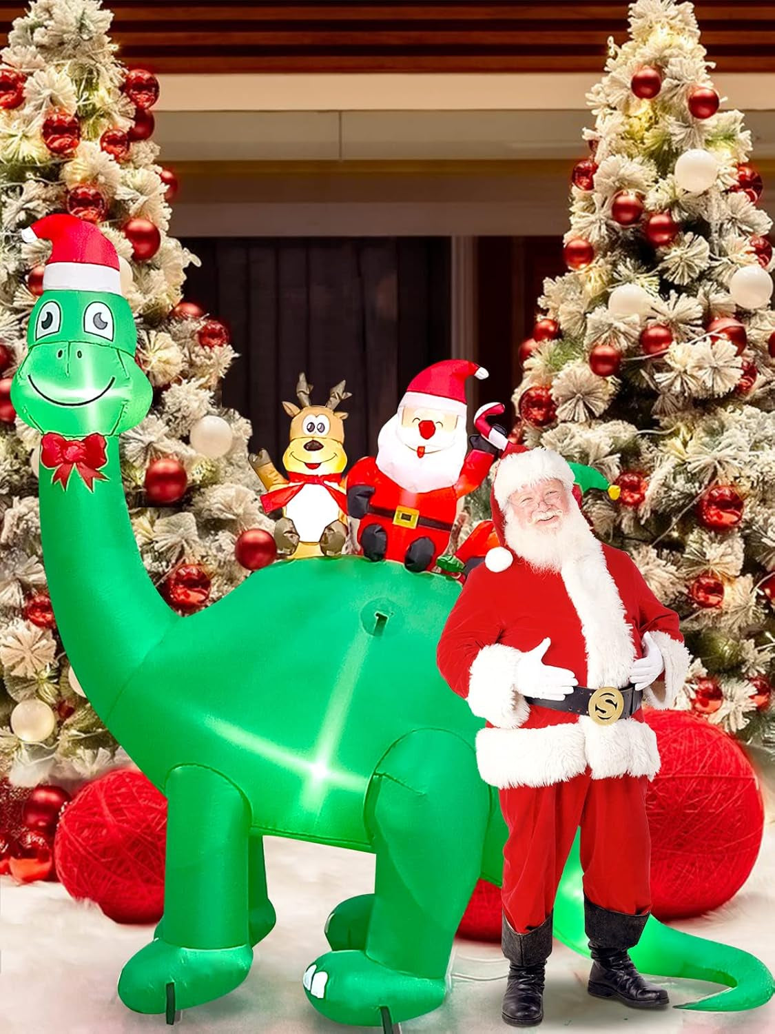7Ft Christmas Inflatables Outdoor Decorations Dinosaur with Elk Elf Santa Claus Blow Up Yard Decorations with Built-in LED Lights for Garden Lawn Outdoor Yard Xmas Winter Holiday Supplies