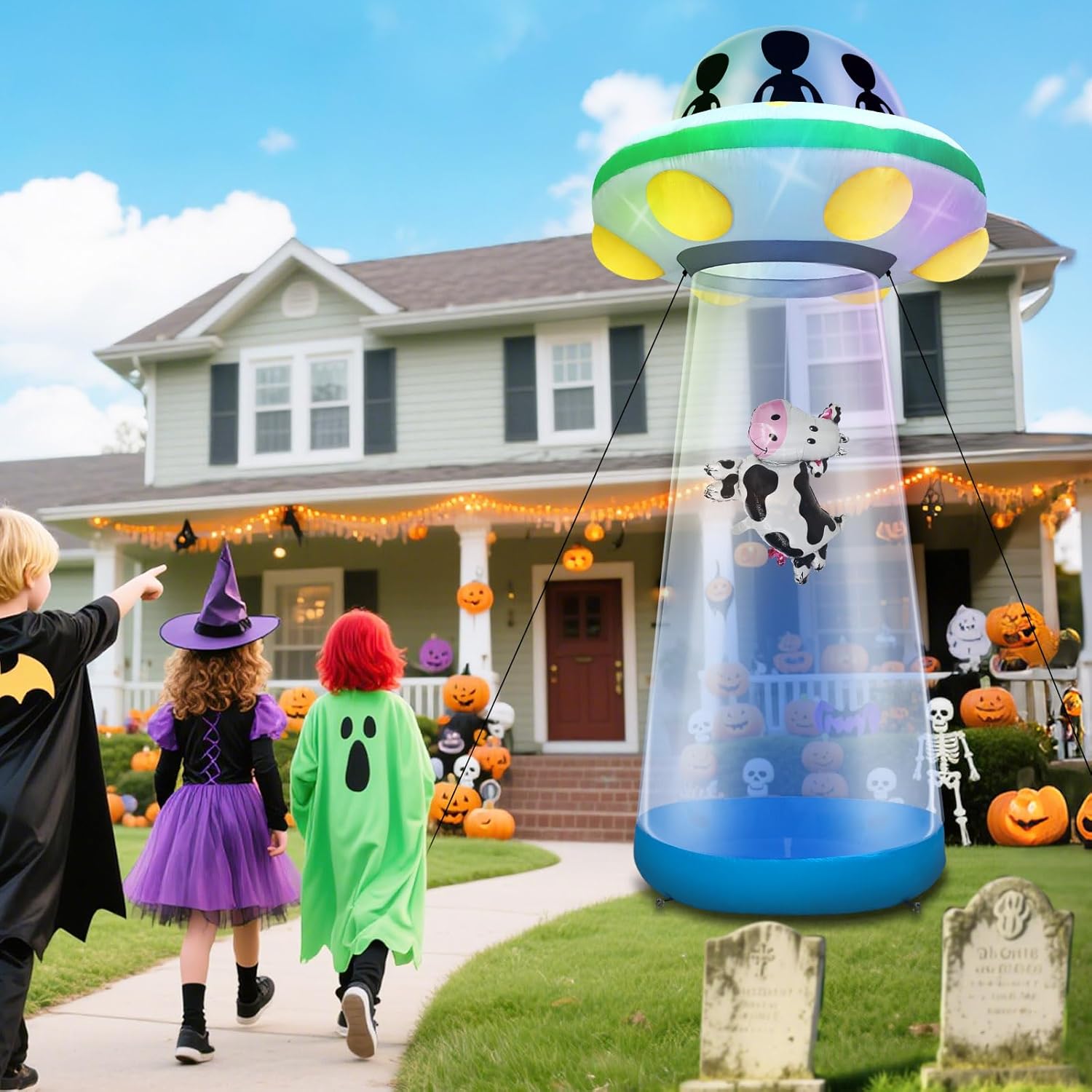Halloween Inflatable UFO Cow Abduction with LEDs
