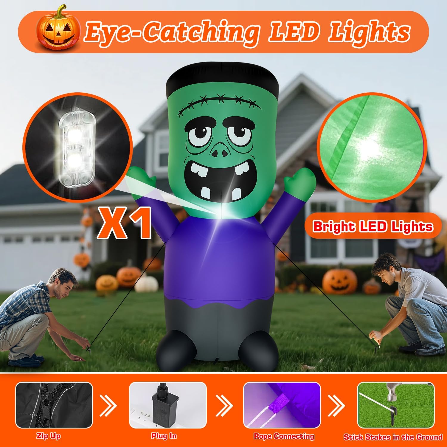 Halloween Inflatable Green Monster Yard Decoration with LED