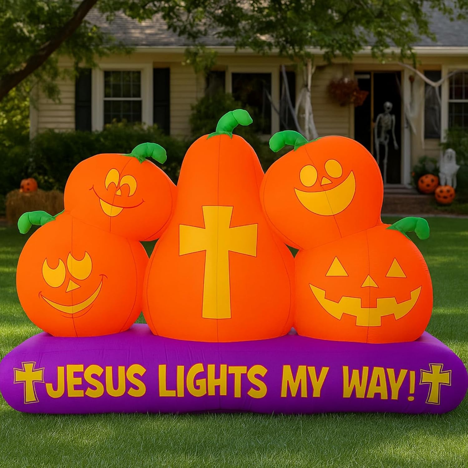 5 ft Halloween Christian Inflatable Pumpkins Decoration for Outdoor Jesus Lights My Way Inflatable Pumpkins Trunk or Treat Blow up Yard Decor Halloween with LED for Garden Lawn Holiday Decor