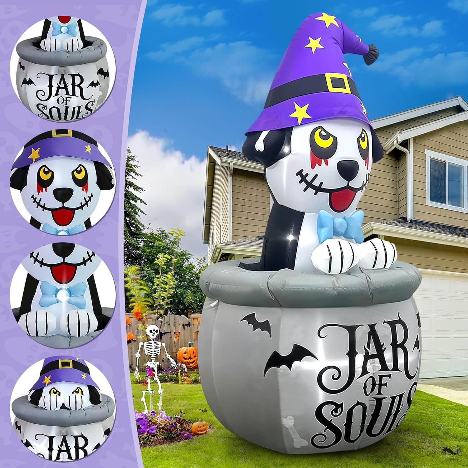 7FT Halloween Inflatables Animated Puppy Dog with Music, Witch Cauldron Halloween Blow Up Yard Decoration with Built-in LEDs for Indoor Outdoor Holiday Party Garden Lawn Decor
