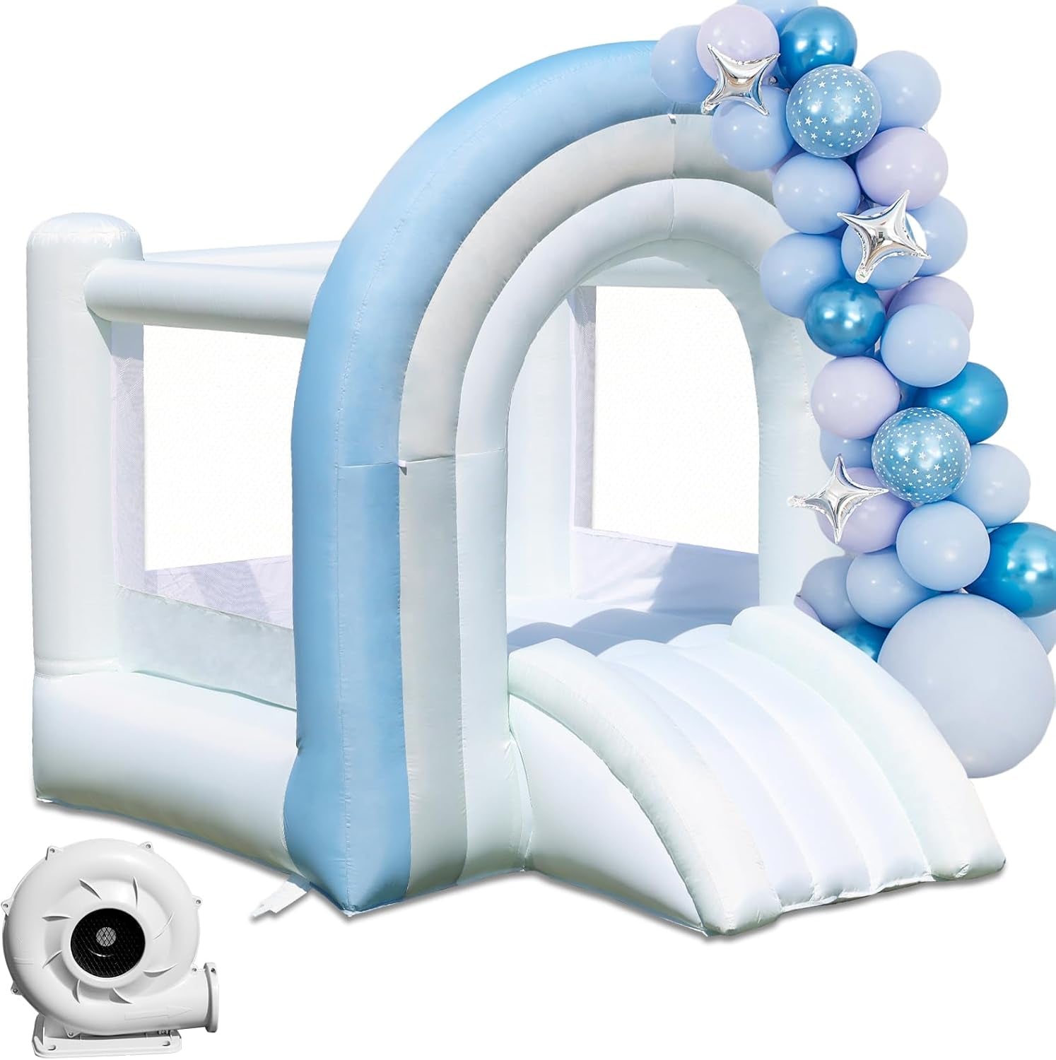 Bounce House, Inflatable Bounce House for Kids 3-8, White Blue Dream Bounce Castle with Blower, Large Jumping Area, Slide, DIY Rainbow Shaped Arched Doors, Perfect Bouncer for Kids Party