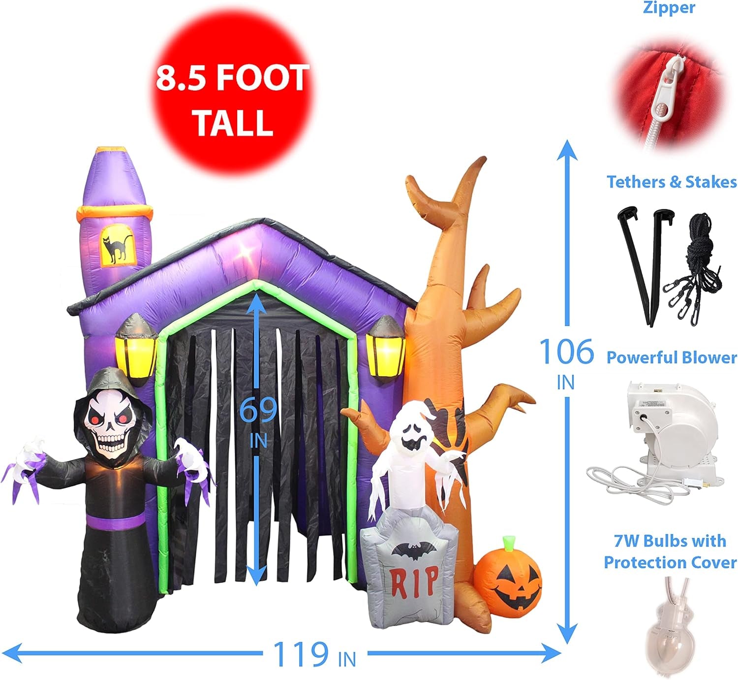 8.5 Foot Halloween Inflatable Haunted House Castle with Skeleton, Ghost, Tree and Pumpkin Lights Decor Outdoor Indoor Holiday Decorations, Blow up