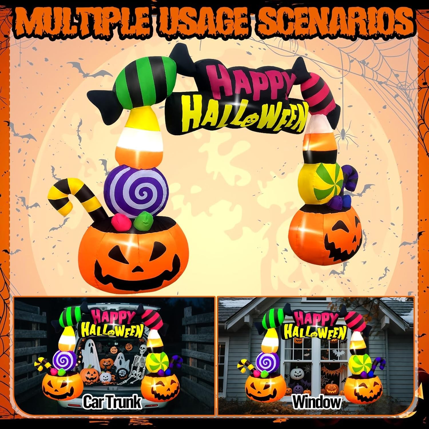 6FT Height Halloween Inflatables Trunk or Treat Car Decorations, Candy Pumpkin Arch Blow up Decorations with Built-in LED Lights Up for Halloween Party Lawn Yard SUV Car Luggage Decor