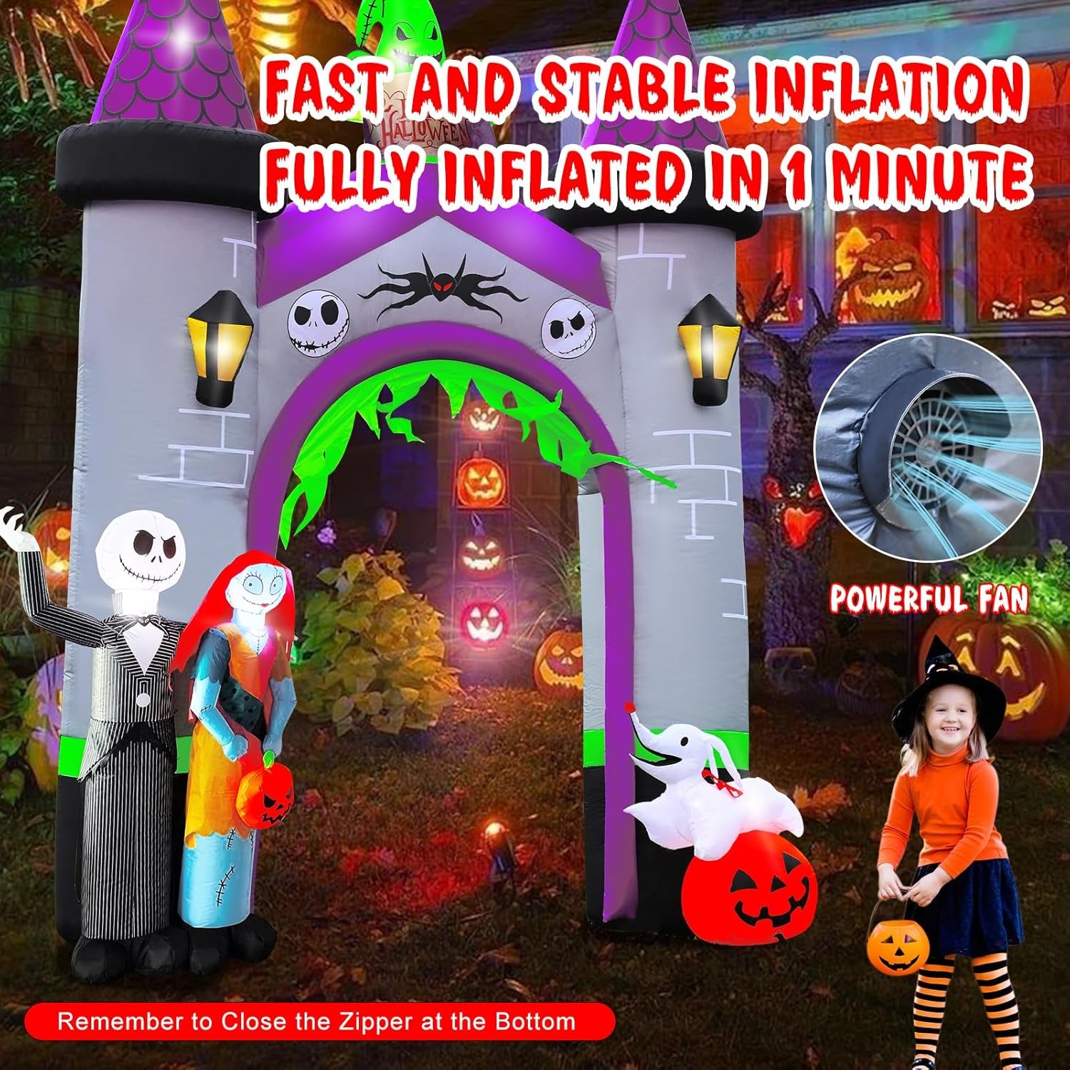 Inflatable Archway Halloween Outdoor Decoration –12FT Blow Up Arch with LED Light for Yard, Entryway, Haunted House, Pumpkin Tunnel, Witch & Skull Arch (Inflatable Archway Halloween)