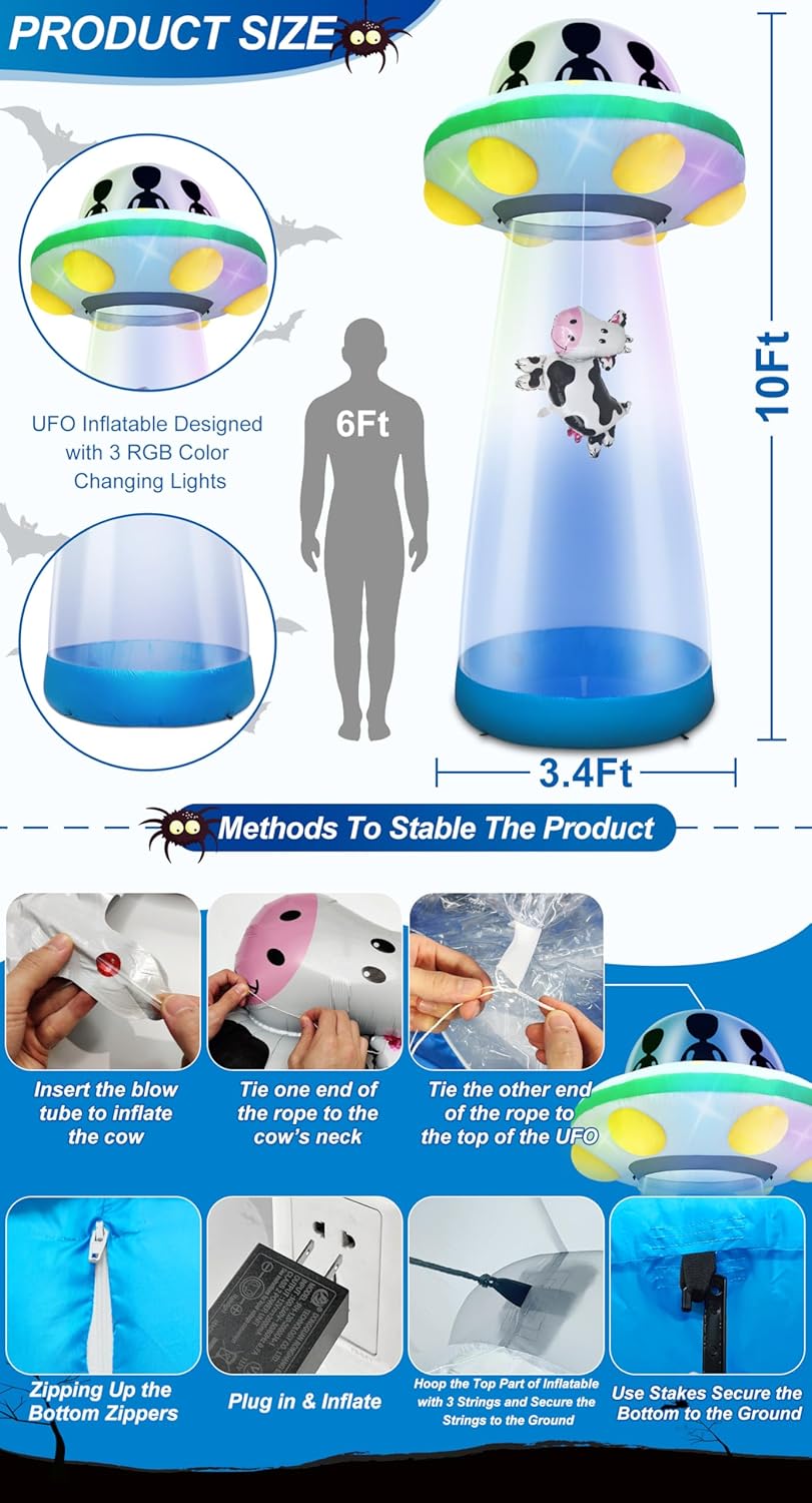 Halloween Inflatable UFO Cow Abduction with LEDs
