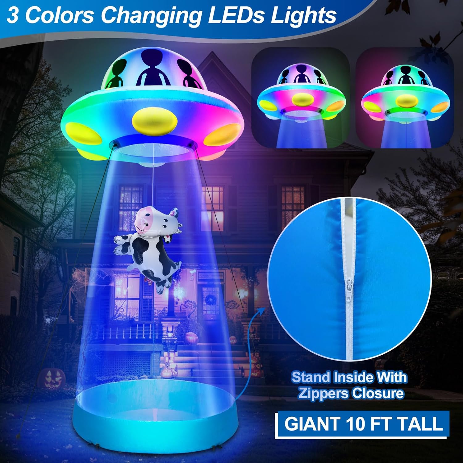 Halloween Inflatable UFO Cow Abduction with LEDs