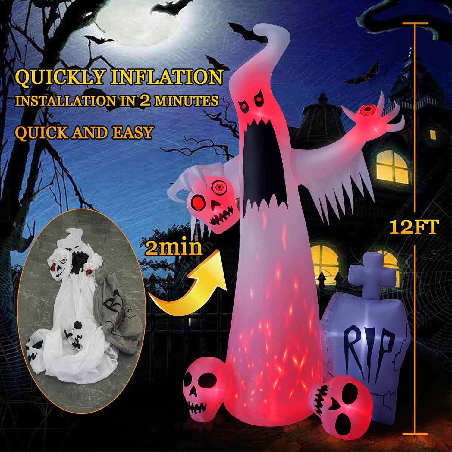 Halloween Inflatable Ghost with Skulls for Yard Decor