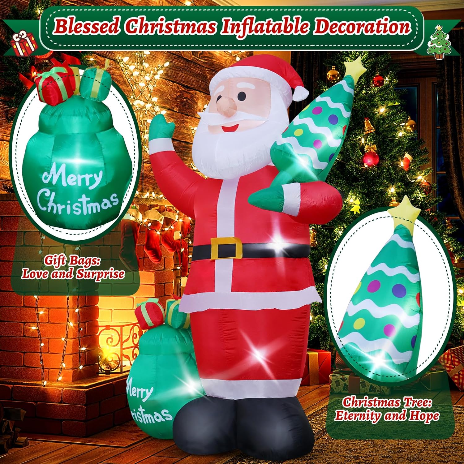 8FT Giant Christmas Inflatables Blow Up Santa Claus with Christmas Tree for Garden Yard