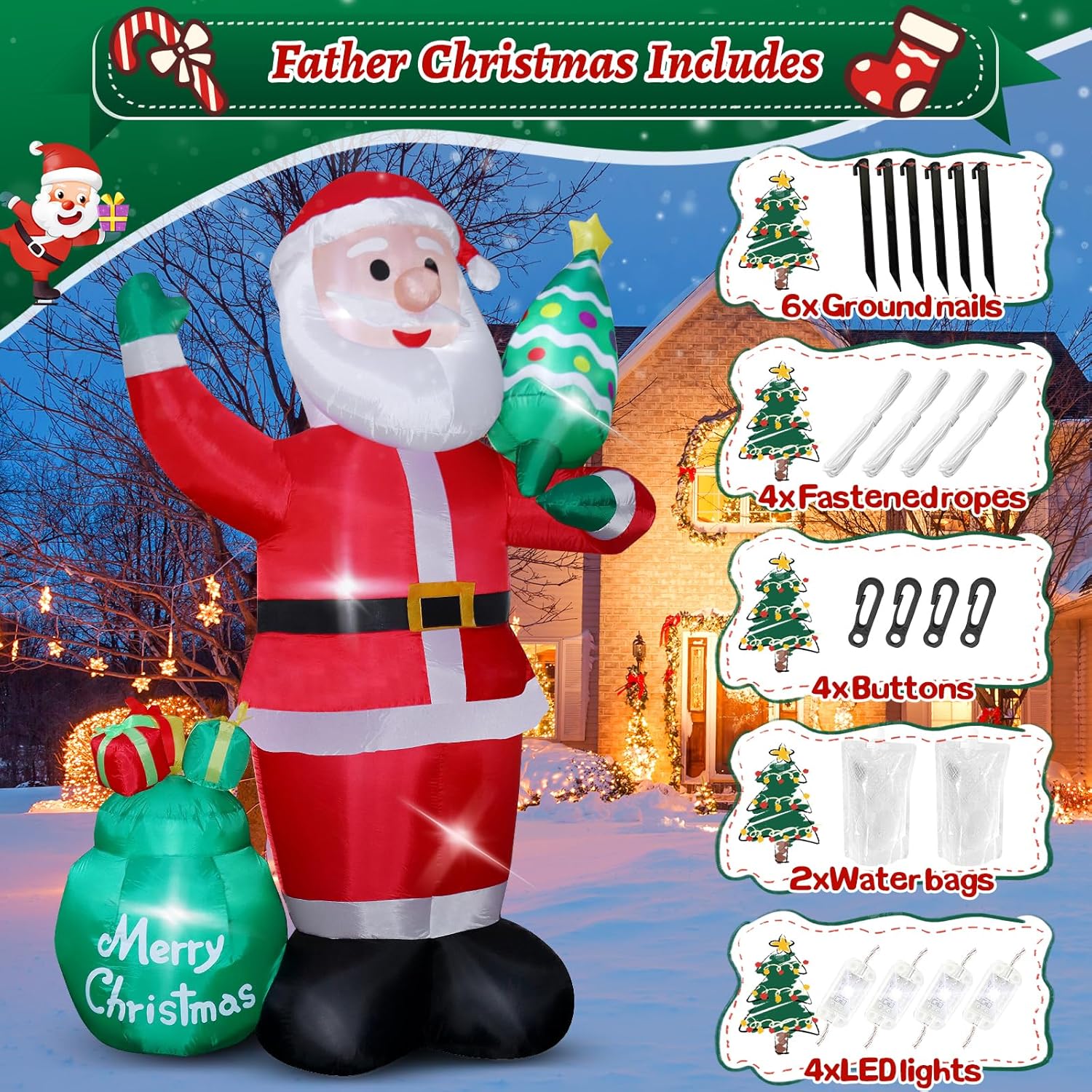 8FT Giant Christmas Inflatables Blow Up Santa Claus with Christmas Tree for Garden Yard