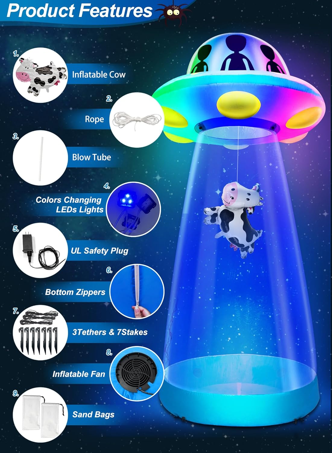 Halloween Inflatable UFO Cow Abduction with LEDs
