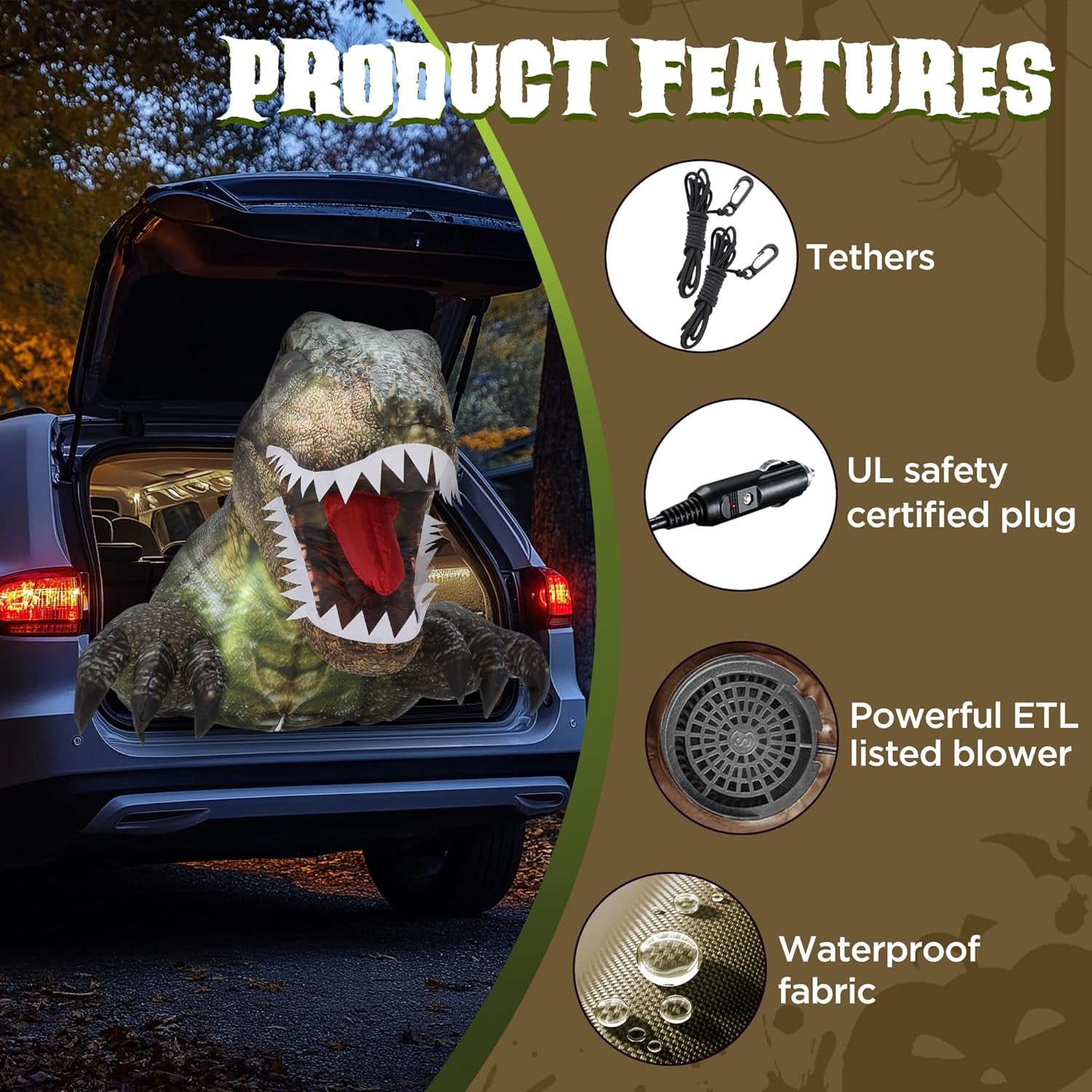 3.6 FT Halloween Inflatable Outdoor Decorations, Trunk or Treat Car Decorations, Halloween Blow Ups Animated Dinosaur with LEDs for Halloween Decor