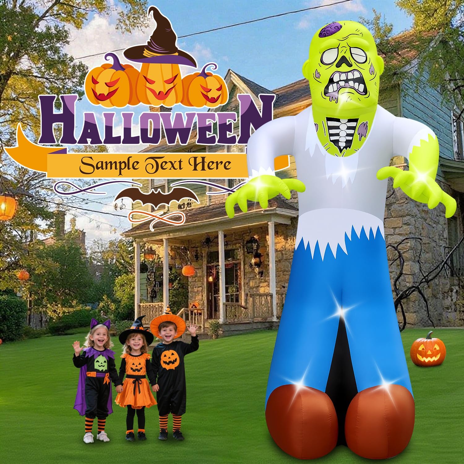 Halloween Inflatable Green Monster Yard Decoration with LED