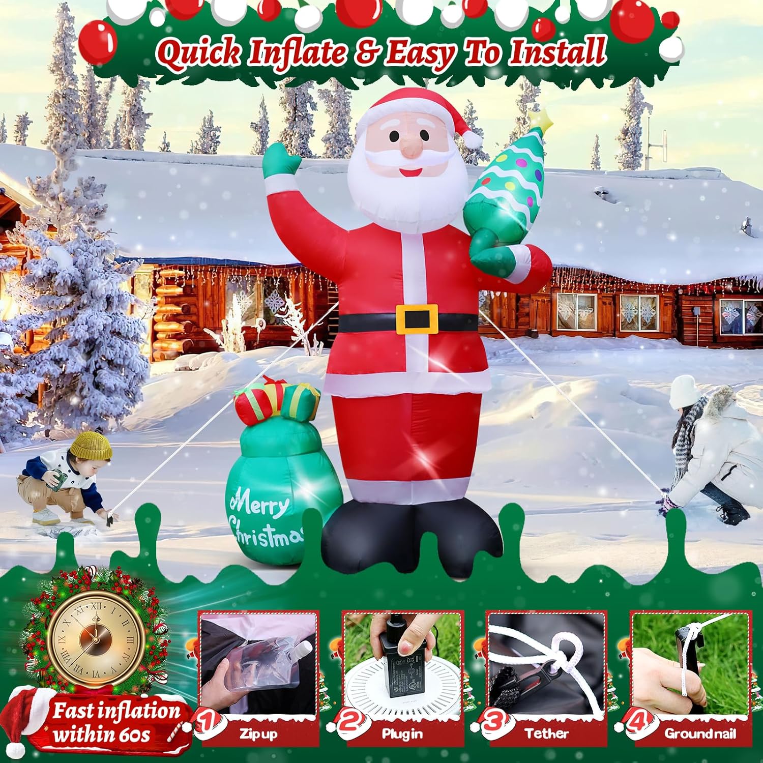 8FT Giant Christmas Inflatables Blow Up Santa Claus with Christmas Tree for Garden Yard