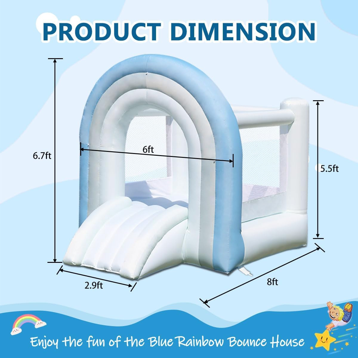 Bounce House, Inflatable Bounce House for Kids 3-8, White Blue Dream Bounce Castle with Blower, Large Jumping Area, Slide, DIY Rainbow Shaped Arched Doors, Perfect Bouncer for Kids Party