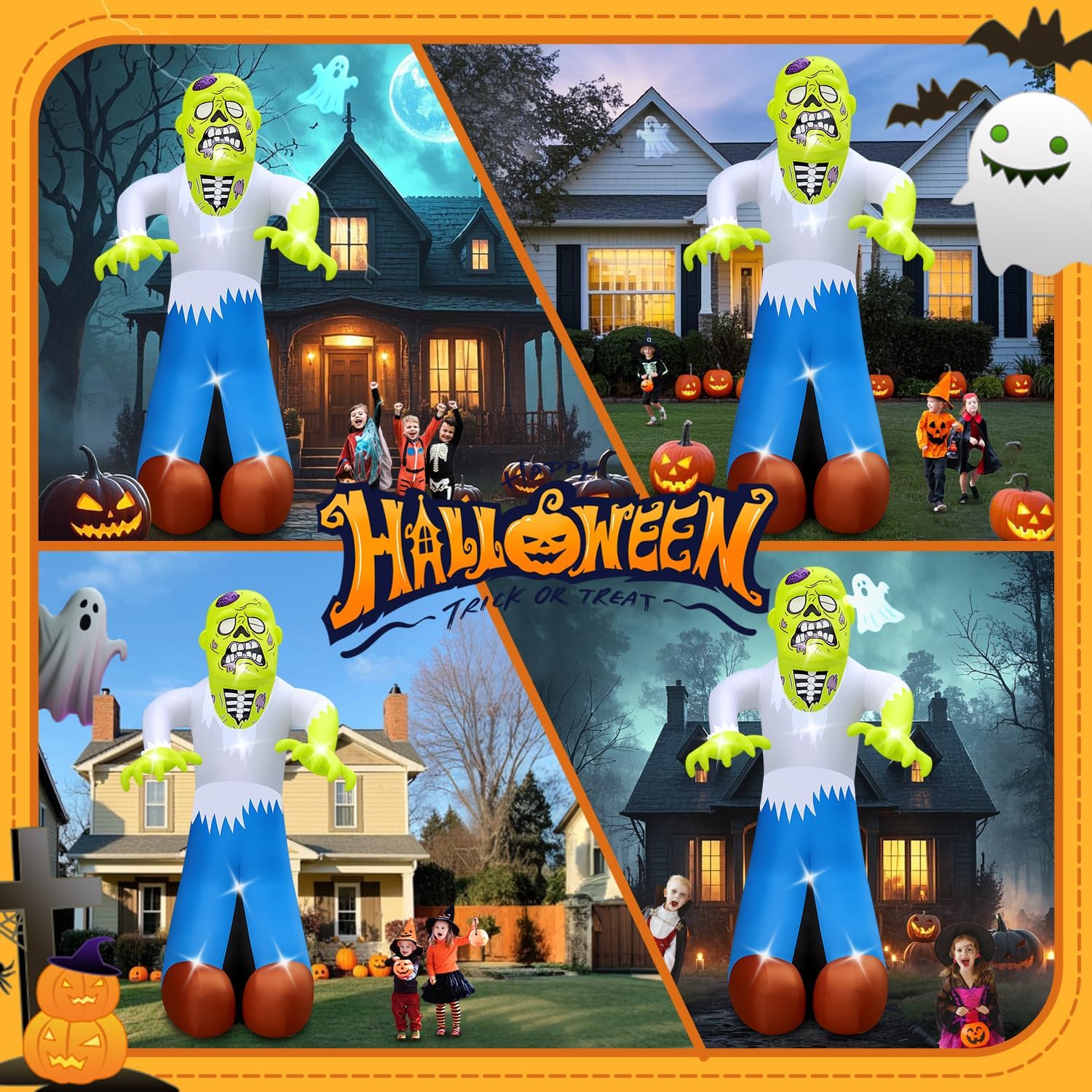 Halloween Inflatable Green Monster Yard Decoration with LED